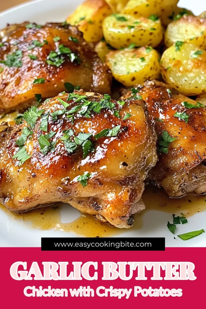 Discover the ultimate comfort food with this Garlic Butter Chicken and Smashed Potatoes recipe! This easy chicken thigh recipe features tender chicken thighs bathed in a rich garlic butter sauce, paired perfectly with roasted smashed potatoes for a satisfying meal. Perfect for weeknight dinners, this dish will impress your family and friends. Save this recipe now and bring delicious flavors to your table! #GarlicButterChicken #SmashedPotatoesRecipe #EasyChickenThighRecipes #RoastedSmashedPotatoes