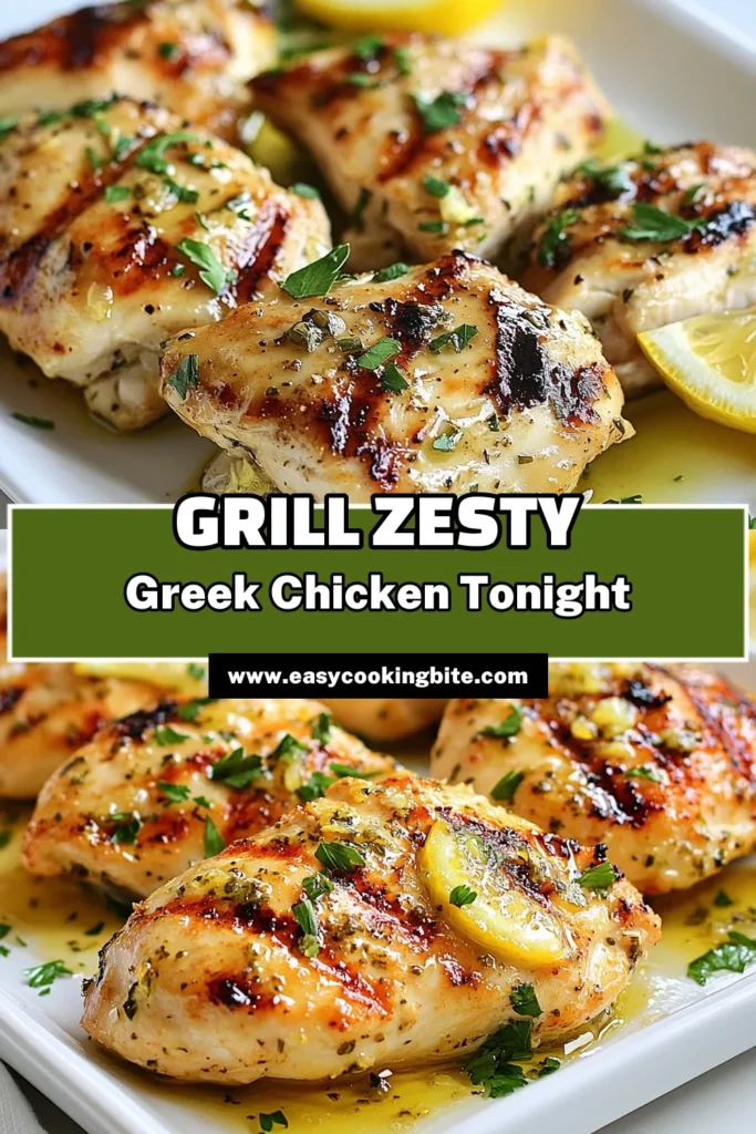 Discover a delicious Greek lemon chicken recipe that's perfect for any meal! This easy lemon chicken dinner features a zesty chicken marinade made with fresh lemon juice, garlic, and oregano, ideal for grilling. Enjoy healthy Greek chicken that’s bursting with flavor. Impress your family and friends while enjoying a wholesome dish. Try this recipe today and elevate your dinner game! #GreekLemonChicken #GrilledChicken #HealthyRecipes #LemonChickenDinner