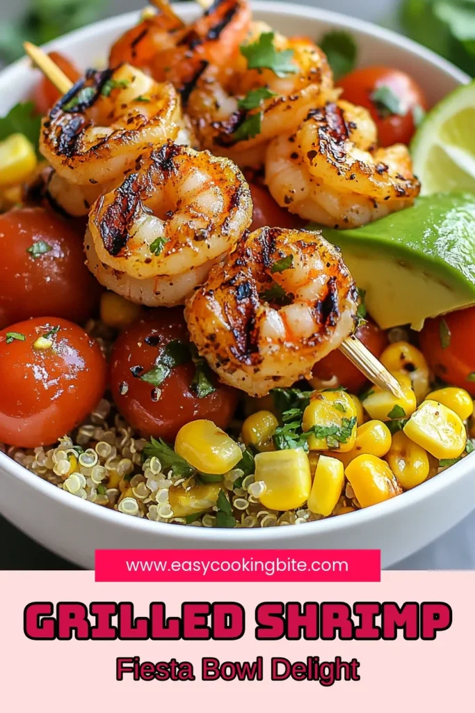 Looking for a delicious grilled shrimp recipe? Try this Grilled Shrimp Fiesta Bowl, perfect for summer grilling! Packed with flavor and nutrition, this healthy shrimp bowl features marinated shrimp served over a vibrant quinoa fiesta bowl with tomatoes, corn, and avocado. It’s a refreshing shrimp and quinoa salad that’s easy to make and perfect for gatherings. Save this recipe for your next summer BBQ! #GrilledShrimp #HealthyRecipes #SummerGrilling #QuinoaSalad