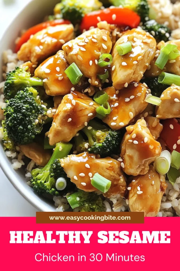 Discover a deliciously Healthy Sesame Chicken Bowl that's perfect for quick dinners! This Healthy sesame chicken recipe features tender chicken, vibrant broccoli, and colorful bell peppers, all combined with a mouthwatering sesame sauce. Enjoy it over quinoa for a nutritious touch. Perfect for anyone searching for low-sodium chicken recipes or a hearty quinoa chicken bowl. Try this versatile sesame chicken bowl today! Save it for later! #HealthyEating #ChickenRecipes #MealPrep #HealthyDinner