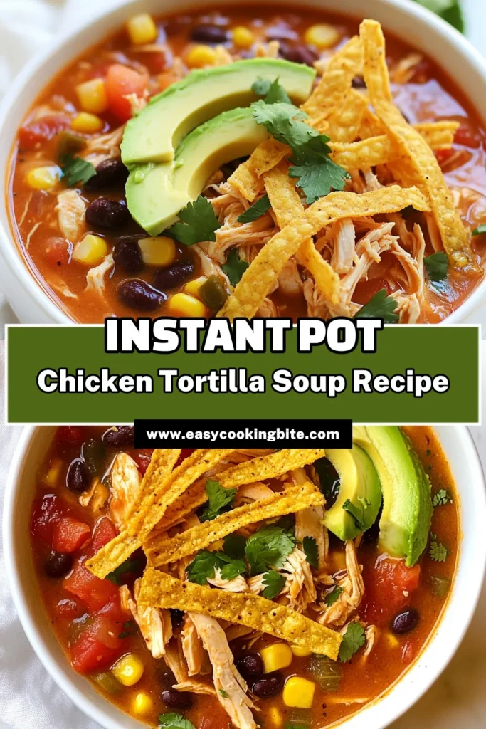 Discover the perfect spicy comfort with this Spicy Instant Pot Chicken Tortilla Soup recipe! This easy chicken soup recipe is a must-try for any spicy soup lover. Packed with flavors from chicken, black beans, and jalapeños, this Instant Pot tortilla soup will warm your soul. Ready in just 35 minutes, it's ideal for busy weeknights. Save this recipe for a delicious meal that the whole family will enjoy. #InstantPotSoup #SpicySoupRecipes #ChickenTortillaSoup #SoupRecipes