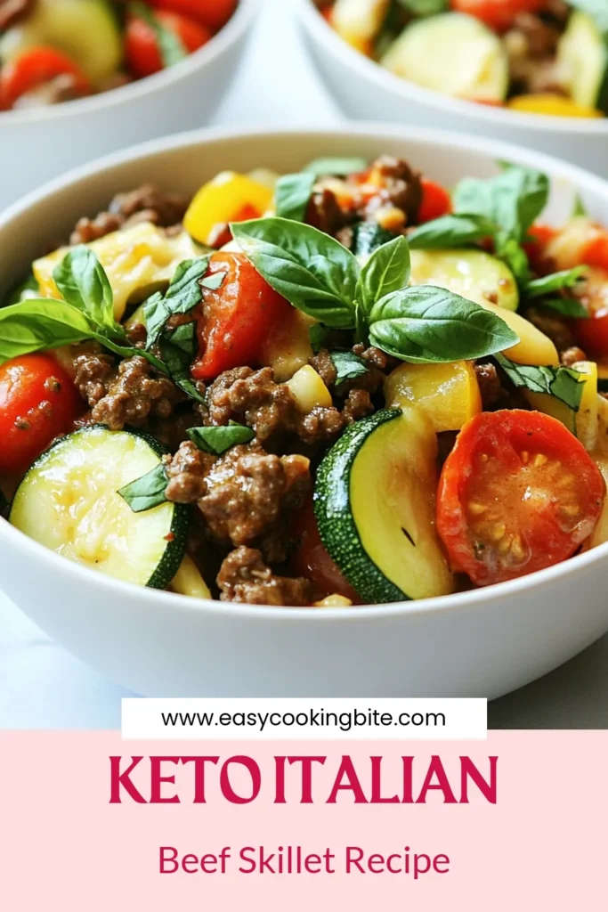 Looking for a delicious Italian Keto Beef Skillet? This easy keto dinner recipe is a must-try! Packed with flavors, this low carb Italian skillet meal features ground beef, zucchini, cherry tomatoes, and a creamy sauce with Parmesan cheese. Enjoy this keto-friendly creamy beef dish in just 30 minutes. Perfect for weeknight dinners! Save and pin this Keto ground beef recipe for your next meal! #KetoRecipes #LowCarbMeals #ItalianKeto #EasyKetoDinner.