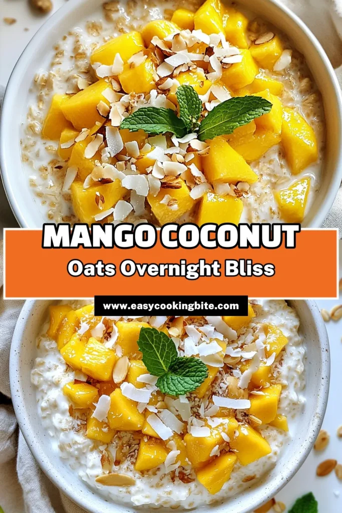 Start your day with a delicious and healthy tropical breakfast: Mango Coconut Overnight Oats! This easy overnight oats recipe combines creamy coconut milk oats with fresh mango and chia seeds for a nutritious start to your morning. Perfect for meal prep, these mango overnight oats are not only simple but bursting with flavor. Elevate your breakfast and try this coconut milk oats recipe today! Don't forget to save and share! #MangoOvernightOats #HealthyBreakfast #ChiaSeedsOatmeal #EasyOvernightOats