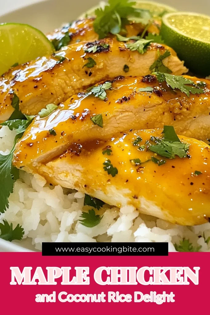 Indulge in this delicious Maple-Glazed Chicken Recipe served with a creamy coconut rice recipe that's sure to impress! The grilled chicken with maple syrup offers a sweet and savory flavor, perfectly complementing the jasmine rice with coconut milk. This easy chicken dinner recipe is perfect for any night. Try it today and elevate your meal! Save this recipe for later! #MapleChicken #CoconutRice #DinnerIdeas #EasyRecipes