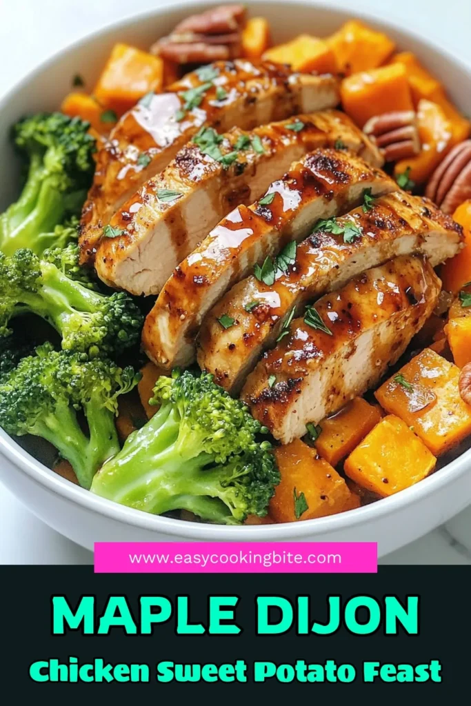 Savor the flavors of this delicious Maple Dijon Chicken Sweet Potato Bowl recipe! Perfect for a healthy chicken dinner, it features tender chicken marinated in maple syrup and Dijon mustard, paired with roasted sweet potatoes and vibrant broccoli. This easy weeknight meal is nutritious and satisfying. Try this recipe today for an incredible balance of taste and health. Save and share to inspire your dinner plans! #MapleDijonChicken #SweetPotatoBowlRecipe #HealthyChickenDinner #EasyWeeknightMeal