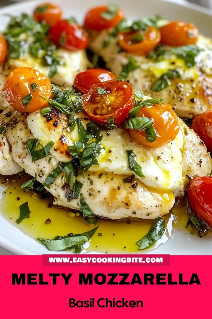 Discover the deliciousness of Mozzarella Basil Chicken, a perfect blend of flavors in this easy chicken dinner. This baked chicken with mozzarella features juicy chicken breasts topped with fresh basil, cherry tomatoes, and melted mozzarella for a delightful Caprese chicken bake. Quick to prepare and sure to impress, this chicken recipe with basil is a must-try! Save this recipe for your next meal! #MozzarellaBasilChicken #EasyChickenDinner #CapreseChickenBake #BakedChickenWithMozzarella