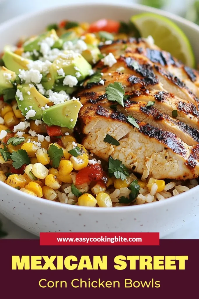 Savor the flavors of summer with these Mexican street corn chicken bowls! This easy weeknight dinner features grilled chicken, sweet corn, red bell pepper, and creamy avocado, all served over a healthy quinoa chicken recipe. Perfect for a nutritious meal that’s quick to prepare, you’ll love how simple it is to make these healthy Mexican recipes at home. Try it tonight! #MexicanStreetCorn #GrilledChickenBowls #HealthyRecipes #EasyDinners