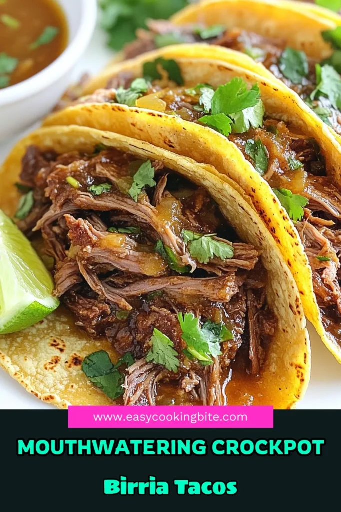 Discover the mouthwatering flavor of Crockpot Birria Tacos with this easy Slow Cooker Birria Recipe! Using tender beef chuck roast, this Authentic Birria Tacos recipe is perfect for any occasion. Learn how to create delicious Mexican Birria Tacos that your family will love. Ready in just 8 hours, this recipe is a must-try! Save this recipe and make flavorful tacos tonight! #CrockpotBirriaTacos #SlowCookerRecipe #BeefTacos #MexicanTacos