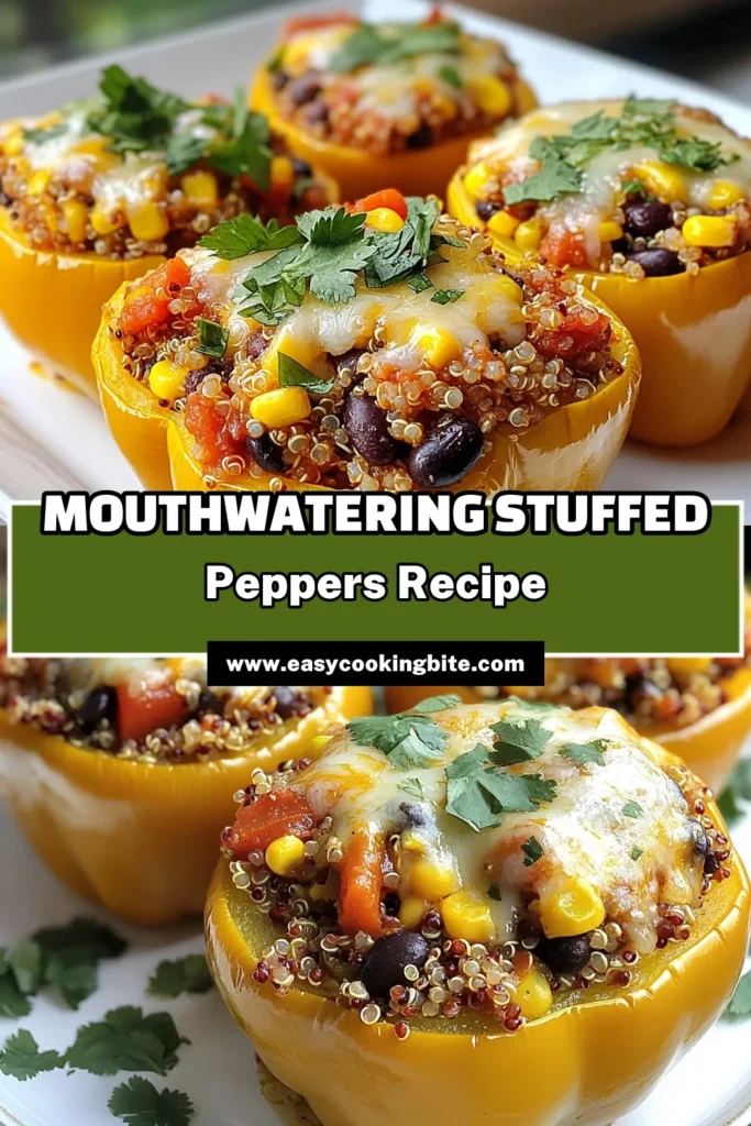 Discover a delicious and healthy way to enjoy dinner with our classic stuffed bell peppers recipe. These quinoa stuffed peppers are packed with flavor and filled with black beans, corn, and cheese, making them the perfect vegetarian stuffed peppers. Easy to make and ideal for meal prep, this easy stuffed peppers recipe ensures a satisfying meal that everyone will love. Try it today and enjoy a nutritious dish! Save this recipe for later! #StuffedBellPeppers #QuinoaStuffedPeppers #VegetarianStuffedPeppers #HealthyStuffedPeppers
