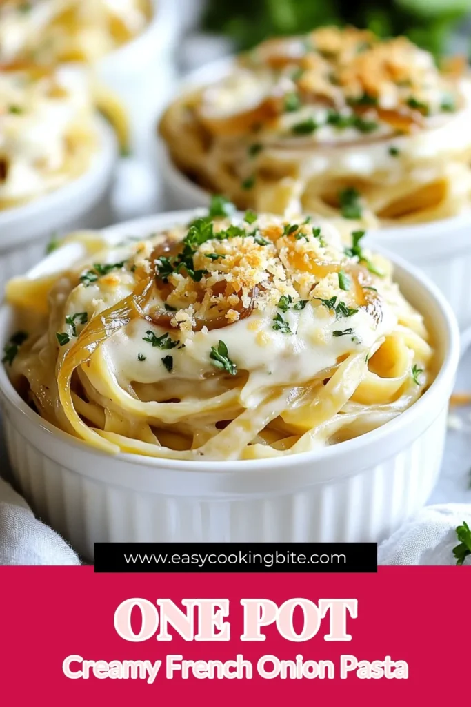 Discover the delicious One Pot French Onion Pasta that's perfect for weeknight dinners! This Fettuccine Onion Recipe features caramelized onions and a creamy Gruyère sauce, making it an easy vegetarian pasta dish the whole family will love. Enjoy the rich flavors of Caramelized Onion Pasta with just one pot for easy cleanup. Ready in just 30 minutes, this recipe is sure to become a favorite. Try it today! #OnePotPasta #VegetarianRecipes #CreamyPasta #DinnerIdeas