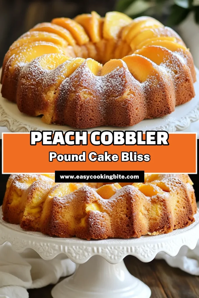 Dive into summer bliss with this Peach Cobbler Pound Cake! This easy peach dessert recipe features a moist pound cake with fresh peaches, making it the perfect addition to any gathering. Ideal for warm weather, this summer peach cake recipe will charm your taste buds and impress your guests. Don't miss out on this delicious bundt cake with fresh peaches—save it for your next baking adventure! #PeachCobblerPoundCake #PeachDessert #BundtCake #SummerBaking