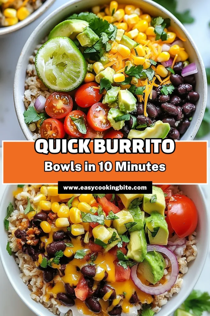 Discover this delicious burrito bowls recipe that's perfect for a quick vegetarian meal! These easy family meal burrito bowls feature healthy brown rice, nutritious black beans, and fresh veggies. With simple ingredients like corn, avocado, and cheese, you’ll have an incredible brown rice burrito bowl ready in just 10 minutes. Save this recipe now to enjoy a wholesome and colorful dinner tonight! #BurritoBowls #VegetarianRecipes #EasyMealPrep #HealthyEating