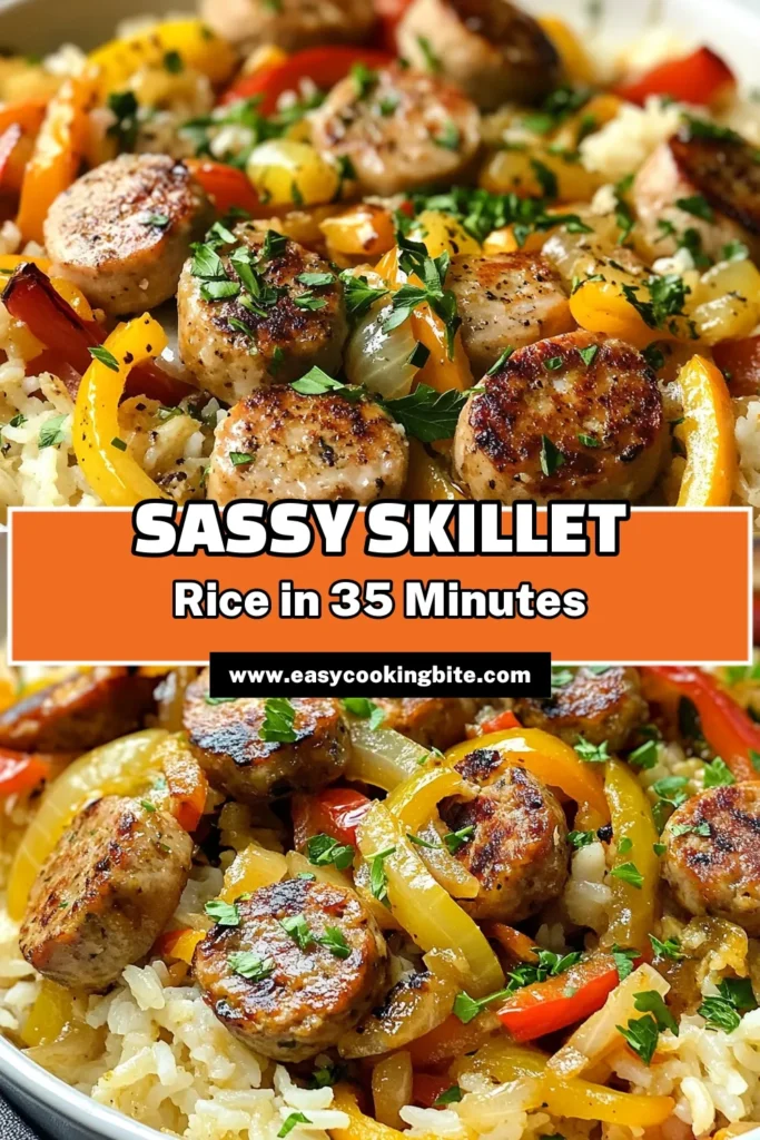 Discover the Sassy Sausage Skillet, a one-pan sausage and rice delight perfect for busy weeknights! This chicken sausage rice recipe combines flavorful smoked paprika and veggies for an easy skillet dinner your family will love. Ready in just 35 minutes, it’s not only delicious but also quick to prepare. Add this tasty smoked paprika rice dish to your meal plan today! Save for later! #SausageAndRice #EasyDinner #OnePanMeals #ComfortFood