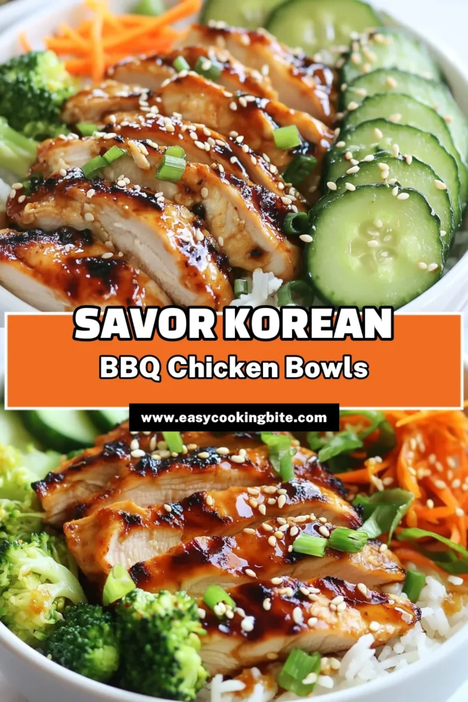 Indulge in these delicious Korean BBQ chicken bowls, a perfect gochujang chicken recipe for a quick and healthy meal. These easy chicken rice bowls combine grilled chicken with vibrant vegetables, making them ideal for meal prep. Get ready for flavorful and nutritious Korean meals that will impress everyone! Click to discover how to create your own Korean BBQ chicken bowls today! #KoreanBBQ #MealPrep #HealthyEating #ChickenRecipes