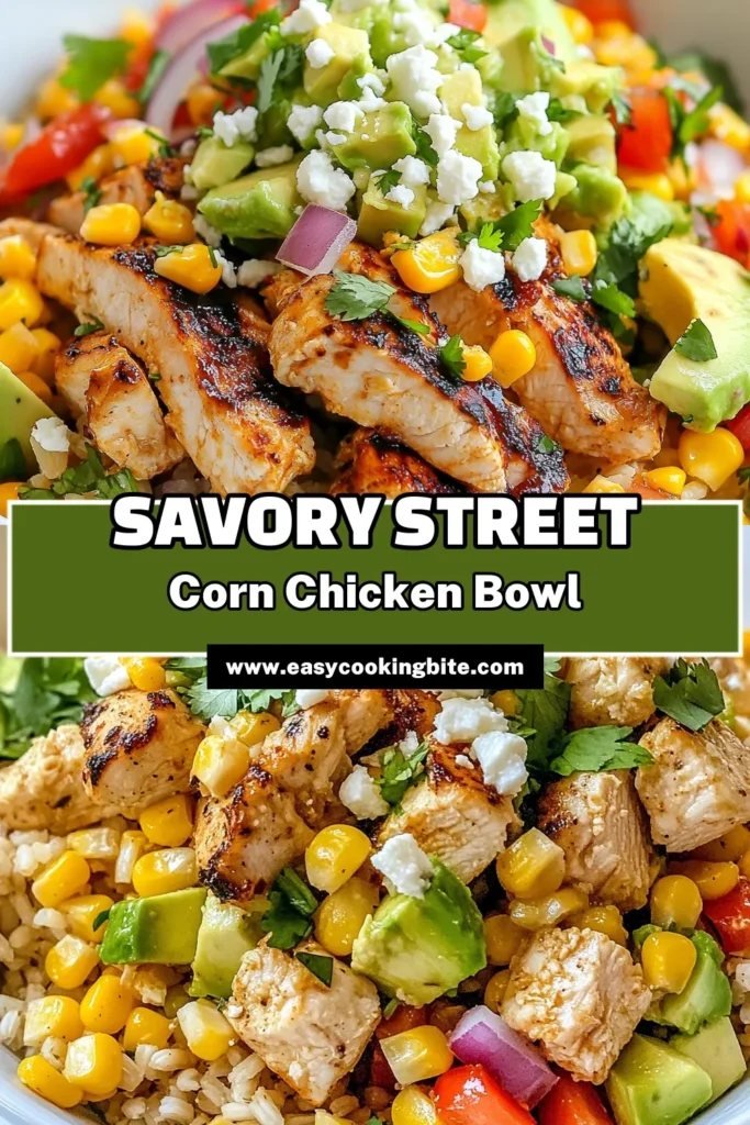 Discover the deliciousness of a Street Corn Chicken Bowl! This recipe features grilled chicken, fresh corn, and vibrant veggies, making it a perfect choice for grilled chicken recipes and corn salad bowls. It's also great for healthy chicken meal prep or as a filling quinoa chicken bowl. Easy to make in just 25 minutes, this dish is perfect for any meal. Save this recipe for a tasty and nutritious dinner! #StreetCornChickenBowl #HealthyEating #MealPrep #GrilledChickenRecipes