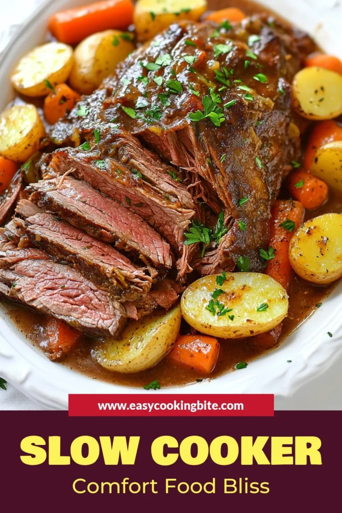 Indulge in the ultimate comfort food with this slow cooker pot roast! Discover how to make pot roast that's tender and bursting with flavor using a beef chuck roast recipe that everyone will love. This easy pot roast is packed with carrots, potatoes, and herbs for a delicious family meal. Ready in 10 hours, it's perfect for busy days. Save this recipe for your next cozy night in! #SlowCookerPotRoast #ComfortFoodRecipes #EasyPotRoast #BeefChuckRoastRecipe