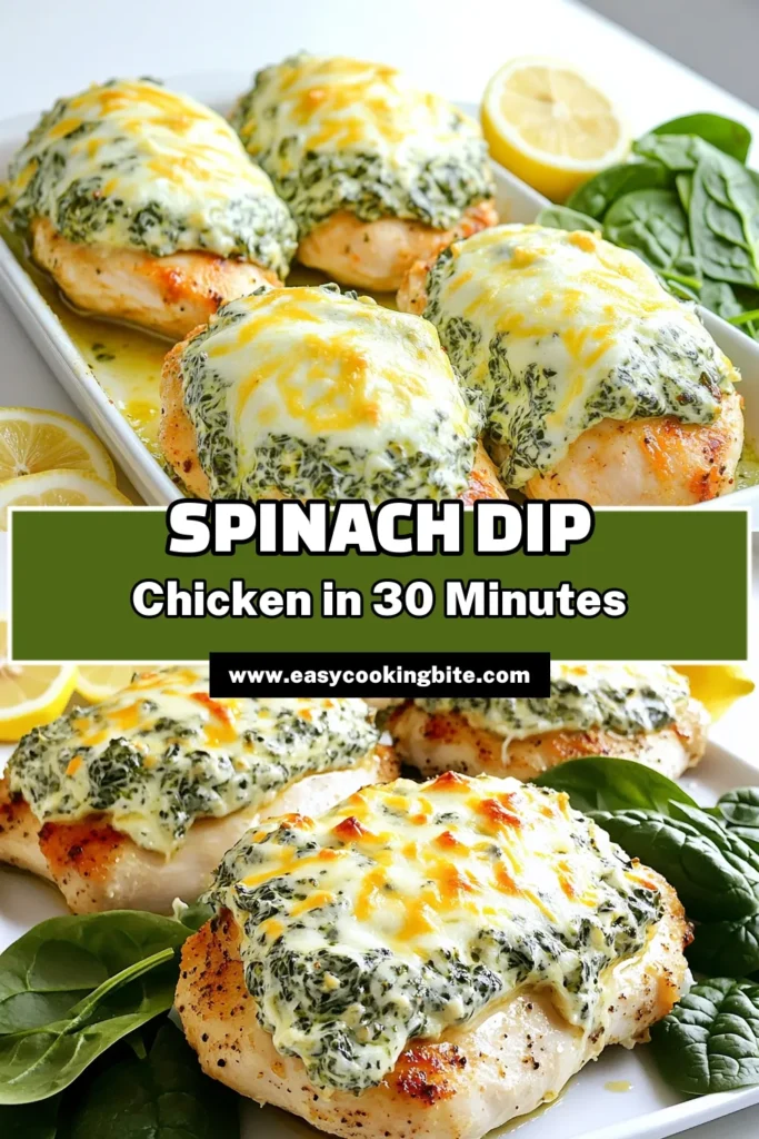 Discover how to make a delicious Three Ingredient Spinach Dip Chicken that will impress your family and friends! This easy recipe features tender chicken breasts smothered in creamy spinach dip and topped with gooey mozzarella cheese for a mouthwatering meal ready in just 45 minutes. Perfect for busy weeknights or gatherings, click through to explore the full recipe and presentation tips! #SpinachDipChicken #EasyRecipes #DinnerIdeas #QuickMeals