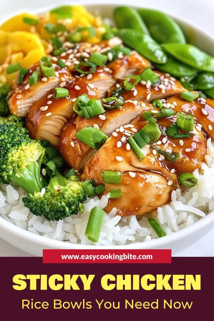 Discover the ultimate easy chicken dinner with these sticky chicken rice bowls! Featuring tender marinated chicken thighs, this jasmine rice recipe is perfect for any night of the week. Sweet honey soy chicken pairs perfectly with fluffy jasmine rice and colorful veggies for a delicious meal. Make your family’s new favorite dinner tonight! Don’t forget to save this recipe! #StickyChickenRiceBowls #EasyChickenDinner #HoneySoyChicken #JasmineRiceRecipe
