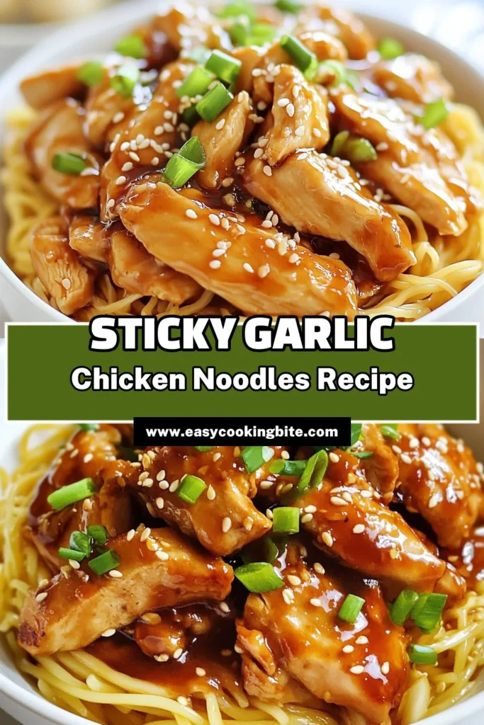 Indulge in this Sticky Garlic Chicken Noodles recipe, a delightful Asian noodle dish that’s perfect for a quick chicken dinner! This easy stir-fry recipe combines tender chicken breast with egg noodles, savory soy sauce, and a hint of sweetness from honey. Ready in just 25 minutes, it's perfect for busy weeknights. Save this recipe for your next meal and enjoy the flavor explosion! #StickyGarlicChicken #EggNoodlesRecipe #QuickChickenDinner #EasyStirFryRecipe