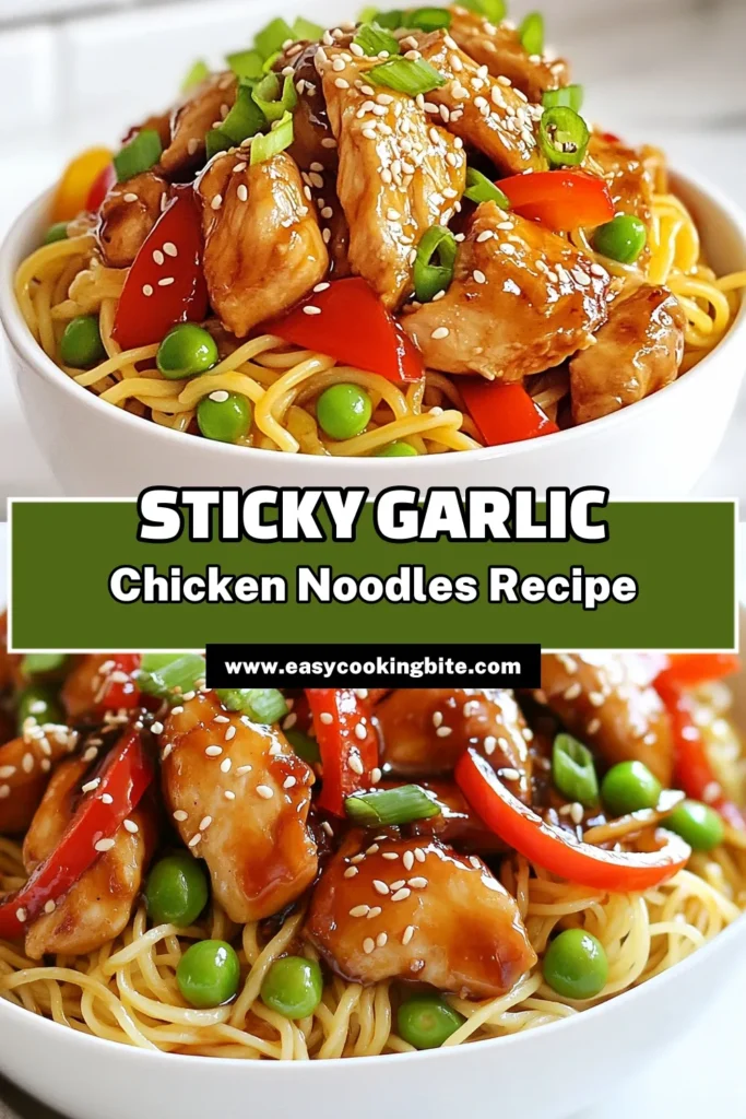 Whip up a delicious Sticky Garlic Chicken Noodles dish in just 30 minutes! This easy chicken noodle recipe features tender chicken in a savory garlic soy sauce chicken glaze, paired with fresh veggies for a quick stir fry chicken meal. Perfect for busy weeknights or last-minute dinners, these honey garlic noodles are sure to impress. Don't miss out, save this recipe for a tasty weeknight treat! #ChickenNoodles #QuickDinner #StirFry #EasyRecipes