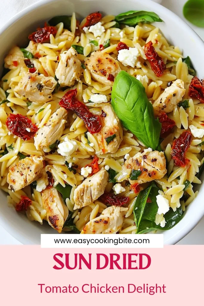 Discover the deliciousness of Sun-Dried Tomato Chicken Orzo, your new favorite chicken orzo recipe! This one-pan orzo dinner combines tender chicken, sun-dried tomatoes, and nutritious spinach, all topped with creamy feta for a Mediterranean delight. Perfect for busy weeknights, this easy dish comes together in 30 minutes. Try it today and savor each bite! Save this recipe for your next meal! #SunDriedTomatoChickenOrzo #OnePanDinner #MediterraneanRecipes #OrzoPasta