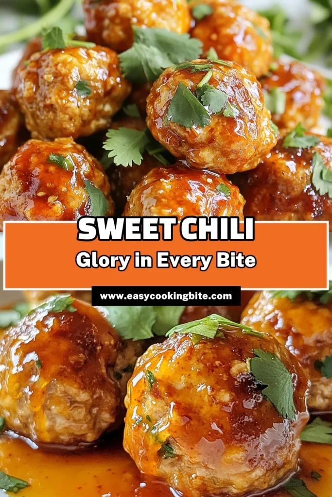 Delight in these sweet chili meatballs, a perfect blend of flavors and simplicity! This easy ground chicken recipe is a must-try for family dinners. Baked to perfection, these sweet chili glazed meatballs are coated in a tasty sweet chili sauce glaze that everyone will love. Try this homemade meatball recipe today and elevate your meals. Don’t forget to save it for later! #SweetChiliMeatballs #EasyGroundChickenRecipes #BakedMeatballRecipe #HomemadeMeatballRecipe