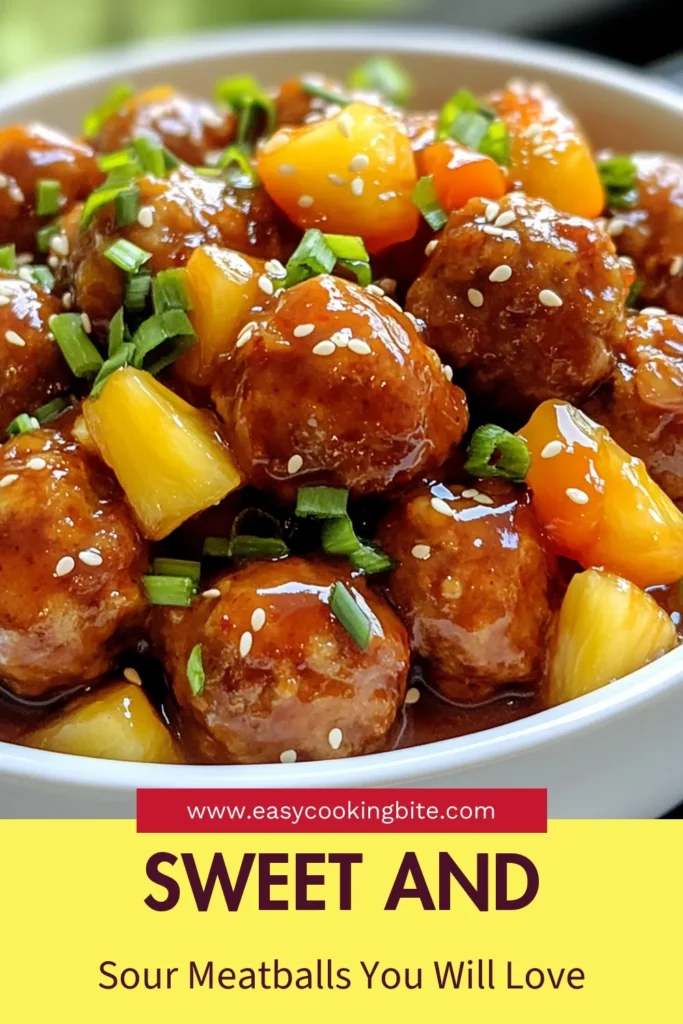 Discover the perfect blend of flavors with these sweet and sour meatballs! This easy meatball recipe features tender ground beef meatballs with a tangy sauce that includes pineapple chunks and colorful bell peppers. Ideal for busy weeknights, this savory meatball dish is a family favorite. Try this pineapple meatball recipe today for a delicious dinner! Save this recipe for later! #SweetAndSourMeatballs #EasyMeatballRecipes #SavoryMeatballDishes #GroundBeefMeatballsWithSauce