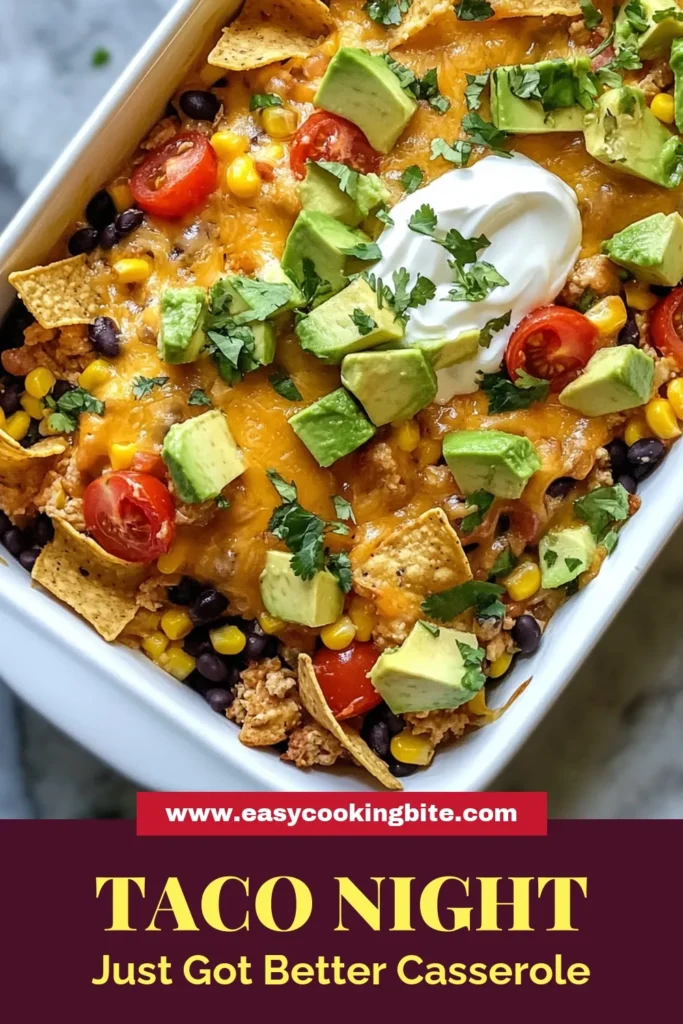 Savor the flavors of our Fiesta Chicken Taco Casserole, the ultimate ground chicken casserole that's easy to make and bursting with deliciousness! Packed with a homemade taco seasoning recipe, this cheesy chicken casserole combines tender ground chicken, black beans, and a blend of cheeses for a satisfying meal. Perfect for any night of the week, try this easy taco casserole today! Save for later! #ChickenTacoCasserole #EasyRecipes #TacoNight #CheesyCasserole