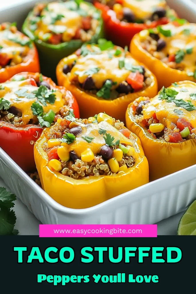 Elevate your dinner with these Healthy Taco Stuffed Peppers! This colorful stuffed bell peppers recipe is packed with ground turkey and quinoa for a nutritious twist. Perfect for anyone seeking delicious, healthy dinner recipes, these quinoa stuffed peppers are easy to make and sure to please the whole family. Try this ground turkey taco recipe tonight and enjoy a flavor-packed meal. Save the recipe for later! #HealthyTacoStuffedPeppers #StuffedBellPeppers #HealthyDinnerRecipes #QuinoaStuffedPeppers