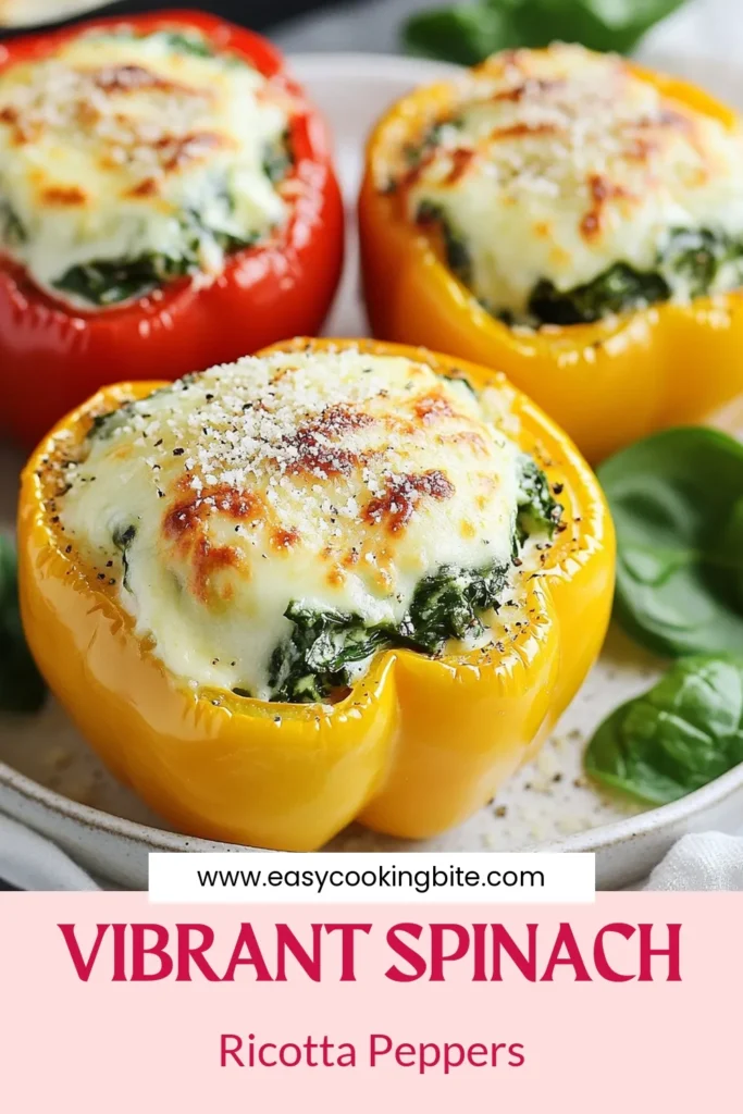 Indulge in these vibrant stuffed bell peppers filled with a delicious spinach ricotta recipe. Perfect as a healthy stuffed peppers option, this vegetarian stuffed peppers dish is not only nutritious but also visually appealing. With their colorful pepper dish presentation, they make an excellent addition to any meal. Try this recipe for a delightful blend of flavors and textures. Save for later! #StuffedBellPeppers #SpinachRicottaRecipe #HealthyStuffedPeppers #VegetarianStuffedPeppers
