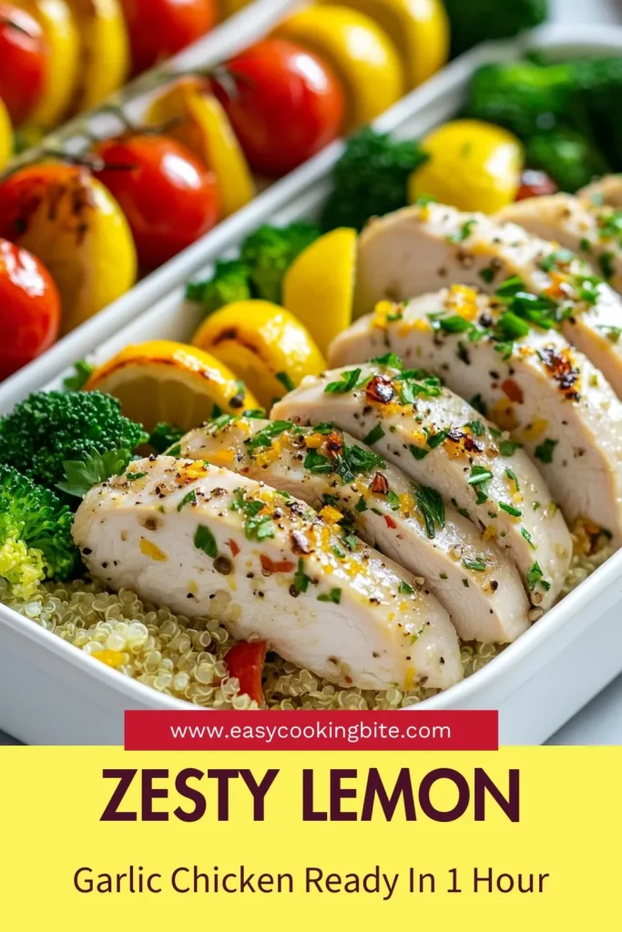 Get ready for effortless weeknight dinners with this Lemon Garlic Chicken Meal Prep! Perfect for healthy meal prep recipes, this easy chicken recipe combines tender chicken with zesty lemon and garlic. Served with nutritious quinoa and colorful veggies, it's a flavorful balance for your meals. Try this lemon chicken recipe for a wholesome boost to your week! Save it now for meal prep inspiration! #HealthyEating #MealPrep #EasyChickenRecipes #QuinoaMealPrep