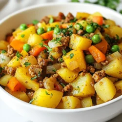 To make the Ground Turkey Potato Skillet, gather these items: - 1 lb ground turkey - 4 medium potatoes, diced - 1 small onion, finely chopped - 2 cloves garlic, minced - 1 bell pepper (any color), diced - 1 cup frozen peas and carrots - 1 teaspoon paprika - 1 teaspoon dried oregano - 1 teaspoon cumin - 2 tablespoons olive oil - Salt and pepper to taste - Fresh parsley, chopped for garnish You can swap ingredients if needed. Here are some ideas: - Use chicken instead of ground turkey for a lighter option. - Sweet potatoes work well in place of regular potatoes. - Any onion type can be used; yellow, red, or green onions all taste great. - You can replace bell peppers with zucchini or mushrooms. - Fresh herbs can replace dried ones. Use three times more fresh herbs for flavor. This dish is not only tasty but also healthy. Here’s a rough breakdown per serving: - Calories: 350 - Protein: 25g - Carbohydrates: 40g - Fat: 12g - Fiber: 5g - Sugar: 3g This meal offers a good balance of protein, carbs, and fats. It's filling and packed with nutrients from the veggies. {{ingredient_image_1}} First, you want to heat 2 tablespoons of olive oil in a large skillet. Use medium heat for best results. Next, add 4 medium potatoes, diced into small cubes. Cook the potatoes for about 10 minutes. Stir them occasionally to get them golden and slightly crispy. You want them to be tender but not mushy. This will give your dish a nice texture. Once your potatoes are golden, it’s time to add flavor. Toss in 1 small onion, finely chopped, and 1 diced bell pepper of any color. Sauté these for about 5 minutes. You want the onions to turn translucent and the peppers to soften. This step builds a great base for your meal. After that, push the veggies to one side of the skillet. Add 2 cloves of minced garlic to the empty space. Sauté the garlic for 1 minute. You will smell a lovely aroma! This brings out the garlic's flavor without burning it. Now, it’s time to add the star of this dish: 1 pound of ground turkey. Break it up with a spatula as you add it to the skillet. Cook for about 5 to 7 minutes. You want the turkey to brown nicely. Stir it well with the veggies. Once the turkey is browned, it’s time to add your spices. Mix in 1 teaspoon of paprika, 1 teaspoon of dried oregano, and 1 teaspoon of cumin. Add salt and pepper to taste. Mix everything well. This will coat the turkey and veggies with flavor. Lastly, stir in 1 cup of frozen peas and carrots. Mix them in and cook for an additional 3 to 5 minutes. This will heat everything through. Taste your dish and adjust the seasoning if needed. You want it to be just right. When finished, remove the skillet from heat and garnish with fresh chopped parsley. Enjoy your tasty and quick meal! To get crispy potatoes, start with diced potatoes. Choose medium-sized ones. Soak them in cold water for about 15 minutes. This helps remove extra starch. After soaking, drain and dry them well. Heat olive oil in your skillet over medium heat. Spread the potatoes in a single layer. Let them cook without stirring for about 10 minutes. This way, they get that golden crust. Stir them gently and cook until they are crispy. To change the flavor, try different spices. You can add chili powder for heat. Italian seasoning can give it a nice twist. For a smoky taste, use smoked paprika. You can also mix in fresh herbs like thyme or rosemary. Just toss in the spices when you add the ground turkey. This helps the flavors blend well. For even cooking, cut your ingredients into similar sizes. This helps them cook at the same rate. Stir the mixture often, especially when adding the ground turkey. Break it up well with a spatula while it cooks. This prevents big clumps. If you add frozen veggies, let them thaw slightly first. This speeds up cooking time and helps avoid sogginess. Pro Tips Choose the Right Potatoes: For a crispier texture, use waxy potatoes like Yukon Gold or red potatoes, which hold their shape better during cooking. Season in Layers: To enhance flavor, season each component as you add it to the skillet rather than all at once, allowing the spices to develop. Prep Ahead: Dice your vegetables and measure out spices before starting to cook; this makes the cooking process smoother and quicker. Add Freshness: Consider adding a squeeze of lemon juice or a splash of vinegar at the end for brightness that complements the savory flavors. {{image_2}} You can swap the ground turkey for many other proteins. Ground chicken is a great choice. It has a mild flavor similar to turkey. If you want something richer, try ground beef. It adds a hearty taste and pairs well with potatoes. For a lighter option, use ground chicken breast. If you prefer plant-based meals, try crumbled tofu or lentils. Both options provide protein and absorb flavors well. Feel free to add more veggies to your skillet. Zucchini works well; it cooks quickly and adds moisture. Spinach is another great option. It wilts nicely and boosts nutrition. Carrots can add a sweet crunch if you want more texture. Broccoli florets also fit in well. They add a nice bite and can absorb flavors. Just remember to cut them small for even cooking. Your seasoning choices can change the whole dish. If you love heat, add chili powder or cayenne pepper. For a fresh taste, try adding basil or thyme. You can also use taco seasoning for a fun twist. It brings bold flavors and pairs well with the meat and potatoes. For an Asian twist, use soy sauce and ginger. Each blend can create a unique meal experience. Storing leftovers is simple. Allow the skillet meal to cool down first. Then, place it in an airtight container. You can keep it in the fridge for up to three days. Make sure to label the container with the date. This helps you track how long it has been stored. Reheating is easy and quick. You can use a microwave or a skillet. For the microwave, place your portion in a bowl. Cover it with a damp paper towel to keep it moist. Heat for about 1-2 minutes, stirring halfway through. If you use a skillet, add a splash of water. Heat over medium-low heat until warm, stirring often. This keeps the dish from drying out. Freezing is a great way to save extra servings. First, let the meal cool completely. Next, transfer it to a freezer-safe container. Make sure to leave some space at the top. The food will expand as it freezes. You can freeze the meal for up to three months. When you're ready to eat, thaw it overnight in the fridge. Reheat it as mentioned above for a quick meal. Yes, you can use chicken or beef. Both work well in this dish. Ground chicken has a mild flavor, similar to turkey. Ground beef adds a richer taste. Just adjust cooking times if needed. Chicken cooks faster, while beef may take a bit longer. This dish pairs nicely with a simple salad or steamed veggies. You could also serve it with crusty bread or rice. For a heartier meal, add some cheese on top. This adds creaminess and flavor. To spice it up, add red pepper flakes or diced jalapeños. You can also try a hot sauce that you enjoy. Start with a small amount, then taste as you go. This way, you control the heat level. This blog post covered how to make a tasty Ground Turkey Potato Skillet. We explored the ingredients, cooking steps, and options for swaps. I shared tips for crispy potatoes and even cooking. You can change up the protein and veggies, too! To keep leftovers fresh, follow my storage tips. Remember, this dish is flexible and fun. Enjoy your cooking journey and make it your own!
