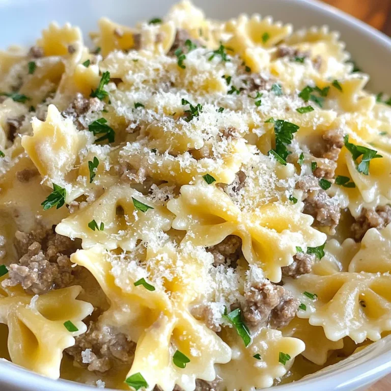- 8 oz bowtie pasta - 1 lb ground beef - 1 tablespoon olive oil - 4 cloves garlic, minced - 1 teaspoon Italian seasoning - 1/2 teaspoon red pepper flakes (optional) - 1 cup beef broth - 1 cup heavy cream - 1 cup grated Parmesan cheese For this dish, we use bowtie pasta as our base. It holds sauce well and looks fun on the plate. Ground beef adds a hearty touch. Olive oil helps brown the beef and adds flavor. Next, we need garlic for that rich aroma. Italian seasoning brings a classic touch. Red pepper flakes can add a little heat if you like spice. For creaminess, we use beef broth and heavy cream. They mix well to create a rich sauce. Finally, grated Parmesan cheese takes this dish to a new level. It melts in and adds a savory taste. These ingredients work together to make a dish that is rich and full of flavor. Each bite is satisfying and comforting. {{ingredient_image_1}} To start, boil water in a large pot. Add a pinch of salt. Once boiling, add the 8 oz of bowtie pasta. Cook it for 10 to 12 minutes, or until it is al dente. This means the pasta should be firm but not hard. Drain the pasta in a colander and set it aside. Remember, timing is key! If you overcook, the pasta can become mushy. Next, heat 1 tablespoon of olive oil in a large skillet over medium heat. Add 1 lb of ground beef. Cook it for about 5 to 7 minutes. Use a spatula to break the meat into small pieces. This step is important. Breaking up the meat helps it cook evenly. You want it browned, not just cooked. Now, add 4 cloves of minced garlic to the skillet. Cook for 1 to 2 minutes until you smell that lovely garlic aroma. Then, add 1 teaspoon of Italian seasoning and 1/2 teaspoon of red pepper flakes if you like heat. Mix well. Pour in 1 cup of beef broth and let it simmer for about 5 minutes. This helps bring out the flavors. Next, stir in 1 cup of heavy cream. Bring the mixture back to a gentle simmer. Finally, add 1 cup of grated Parmesan cheese, stirring until the sauce is creamy. Don’t forget to season with salt and pepper to taste. Now, it’s time to bring it all together! Add the cooked bowtie pasta to the skillet with the beef and sauce. Toss everything together until the pasta is well coated. This step ensures every bite is rich and flavorful. Serve it warm, and don't forget to garnish with fresh chopped parsley for that extra touch! *How to avoid overcooked pasta?* To keep your bowtie pasta from becoming mushy, cook it until it's al dente. This means it should have a firm bite. Check the package for timing. Set a timer a minute early to avoid overcooking. *Ensuring a silky sauce* To make your sauce smooth, stir in the Parmesan cheese slowly. This helps it melt evenly. Use medium heat when mixing in the heavy cream. High heat can cause the sauce to separate. *Best practices for leftovers* Cool any leftover pasta to room temperature before storing. Place it in an airtight container. This helps keep it fresh for up to three days in the fridge. *Reheating techniques* To reheat, use a skillet over medium heat. Add a splash of beef broth or cream. This keeps the pasta moist and helps avoid burning. *Fresh parsley alternatives* If you don't have fresh parsley, use basil or chives. Both add a nice pop of color and flavor. *Other toppings to enhance flavor* Consider adding crushed red pepper flakes or extra Parmesan cheese. Toasted pine nuts or sautéed mushrooms can also add a great texture and flavor boost. Pro Tips Use Fresh Garlic: Freshly minced garlic adds a robust flavor that enhances the overall taste of the dish. Reserve Pasta Water: Save a cup of pasta cooking water before draining; it can help adjust the sauce's consistency if needed. Quality Parmesan: Opt for freshly grated Parmesan cheese for the best flavor and texture in your sauce. Garnish Generously: A sprinkle of fresh parsley not only adds color but also a fresh taste that brightens the dish. {{image_2}} You can switch out ground beef for ground turkey or chicken. These meats provide leaner options with great flavor. They cook similarly and blend well with the dish. If you prefer a vegetarian meal, try using plant-based proteins. Options like lentils or veggie crumbles can add texture and taste. Adding vegetables can enhance the dish's nutrition and color. Spinach and bell peppers are excellent choices. They cook quickly and add a fresh taste. You can also experiment with different cheeses. Try using mozzarella for a melty texture or feta for a tangy kick. Adjust the spice level to fit your taste. Adding more red pepper flakes brings heat. For a milder dish, skip them altogether. You can also choose between creamy and tomato-based sauces. A tomato sauce can give a nice twist on flavors and add acidity. To keep your Parmesan Garlic Beef Bowtie Pasta fresh, cool it quickly. Store it in an airtight container. It will stay good for about three to four days in the fridge. Make sure to let it cool to room temperature before sealing it. This helps prevent moisture build-up. Want to save some for later? You can freeze this dish! First, let it cool completely. Then, place it in a freezer-safe container. It’s best to eat it within two to three months. To thaw, move it from the freezer to the fridge overnight. When ready to eat, reheat it on low heat. Stir occasionally to heat it evenly. In the fridge, your pasta can last about three to four days. If you notice any changes in smell or color, it’s best to toss it out. Signs of spoilage include a sour smell or mold. Always check your food before eating, even if it seems fine. You can easily make this dish gluten-free. Start by using gluten-free bowtie pasta. Many brands offer gluten-free options made from rice, corn, or quinoa. Just cook it according to package instructions. Be mindful of the beef broth. Choose a gluten-free brand or make your own. Always check labels for hidden gluten in seasonings. This way, you keep your dish safe and tasty. Yes, you can make this dish ahead of time. Cook the pasta and beef separately, then combine them when you're ready to serve. This keeps the pasta from soaking up too much sauce. Store the cooked pasta and sauce in separate containers. This helps with freshness. When you’re ready to eat, reheat the beef sauce on low heat. You can warm the pasta in boiling water for a minute. This pasta pairs well with many side dishes. A fresh green salad with a light vinaigrette complements the rich flavors. Garlic bread also makes a great choice for soaking up sauce. For a drink, consider red wine. A medium-bodied wine, like Chianti, offers a nice balance. If you prefer non-alcoholic options, try sparkling water with lemon. It refreshes your palate beautifully. This blog post outlined how to make Parmesan Garlic Beef Bowtie Pasta. We covered the key ingredients, from pasta to seasonings. I shared step-by-step cooking instructions to achieve perfect results. Tips for storage and garnishing helped enhance your meal. Finally, we explored variations to suit different tastes. Now you have a delicious recipe to try. Enjoy making this dish your own!