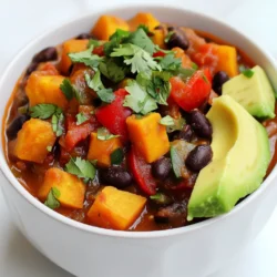 - 2 medium sweet potatoes, peeled and diced - 1 can (15 oz) black beans, drained and rinsed - 1 can (15 oz) diced tomatoes (with juices) - 1 cup vegetable broth - 1 red bell pepper, diced - 1 green bell pepper, diced - 1 onion, chopped - 3 cloves garlic, minced - 2 tablespoons olive oil - 2 teaspoons ground cumin - 1 teaspoon smoked paprika - 1 teaspoon chili powder - Salt and pepper to taste - Fresh cilantro for garnish - 1 avocado, diced (optional, for serving) I like to use specific brands for the best flavor. For black beans, I recommend Goya. Their beans are rich and tasty. For diced tomatoes, Muir Glen is my go-to brand. Their tomatoes taste fresh and sweet. For broth, I prefer Pacific Organic. It adds depth to the chili. Use extra virgin olive oil, like California Olive Ranch, for the best flavor. You can mix things up if you need to. If you can’t find sweet potatoes, use regular potatoes. They will still work well. For black beans, try kidney beans for a different taste. If you want a kick, add jalapeños or cayenne pepper. No fresh cilantro? Use parsley instead for a fresh touch. You can skip the avocado if you need to keep it simple. {{ingredient_image_1}} 1. Start by heating 2 tablespoons of olive oil in a large pot over medium heat. 2. Add 1 chopped onion and sauté for 3-4 minutes until it looks clear. 3. Next, stir in 3 minced garlic cloves, 2 teaspoons of ground cumin, 1 teaspoon of smoked paprika, and 1 teaspoon of chili powder. Cook this mix for 1-2 minutes until you smell the spices. 4. Now, add 2 diced sweet potatoes and both 1 diced red and 1 diced green bell pepper to the pot. Stir everything well. 5. Pour in 1 can of diced tomatoes (with juices) and 1 cup of vegetable broth. Add 1 can of drained and rinsed black beans. Mix it all together and bring it to a boil. 6. Once boiling, lower the heat to low. Cover the pot and let it simmer for 25-30 minutes. Stir it every now and then to keep it from sticking. 7. When the sweet potatoes are soft, season with salt and pepper. If you want a thicker chili, mash some sweet potatoes with a fork right in the pot. 8. Serve hot! Top with fresh cilantro and diced avocado if you like. - Gather all your ingredients before you start cooking. This saves time and keeps you organized. - Use a sharp knife to speed up chopping tasks. Dicing will be quick and easy. - Keep a trash bowl nearby for scraps. This helps keep your workspace clean. - If you prep your veggies ahead of time, it will make cooking smoother and faster. - Don’t skip sautéing the onion and garlic. This step builds great flavor. - Avoid cooking on high heat. It can burn your chili and ruin the taste. - Don’t forget to stir! This prevents sticking and burning at the bottom of the pot. - Be careful with salt. Start with a little, taste, and adjust as needed. To boost the flavor of your Sweet Potato Black Bean Chili, use fresh spices. Fresh spices, like cumin and smoked paprika, add depth. You can also add a squeeze of lime juice before serving. This adds a bright taste that wakes up the dish. If you like heat, try adding chopped jalapeños or a dash of hot sauce. This will give your chili a nice kick. Serve your chili hot in a bowl. Top it with fresh cilantro for a burst of color. Diced avocado also adds creaminess and richness. You can even add a dollop of sour cream or yogurt. This makes it feel extra special. Pair your chili with crusty bread or warm tortillas. This helps soak up all the delicious flavors. For sides, try a simple green salad. The crunch will balance the chili's warmth. Cornbread is another great choice. It pairs perfectly with the chili's flavors. For drinks, consider a light beer or sparkling water. A refreshing drink will complement the meal well. Red wine can also work nicely if you prefer. It adds a touch of elegance to your dinner. Pro Tips Use Fresh Ingredients: Using fresh sweet potatoes and bell peppers enhances the flavor and nutritional value of your chili. Adjust Spice Levels: Feel free to add more chili powder or a dash of hot sauce if you prefer a spicier chili. Let it Rest: Allowing the chili to sit for 10-15 minutes after cooking lets the flavors meld together for a richer taste. Batch Cooking: This chili freezes well, making it a great option for meal prep. Just store in airtight containers! {{image_2}} You can switch up the main ingredients for fun. Instead of sweet potatoes, try butternut squash. It adds a nice sweetness. You can also use kidney beans or pinto beans in place of black beans. For a different taste, add corn or zucchini. If you want a heartier chili, throw in some diced carrots or mushrooms. Want your chili to pack a punch? Add diced jalapeños or chipotle peppers for heat. You can also increase the chili powder or smoked paprika. For a smoky flavor, add a dash of liquid smoke. If you like it really spicy, finish with hot sauce. Just adjust to your taste. This chili is already vegan and gluten-free. Still, check labels on your broth and tomatoes. Some brands add gluten. For a creamier texture, blend a portion of the chili. You can also top with dairy-free yogurt instead of sour cream. This keeps it light but adds richness. Enjoy your meal without worry! To keep your sweet potato black bean chili fresh, place it in an airtight container. Let it cool first, then cover it tightly. Store it in the fridge if you plan to eat it within a few days. It stays good for about 3 to 5 days this way. When you are ready to heat up your chili, pour it into a pot. Use medium heat on the stove. Stir it often to warm it evenly. You can also use a microwave. Place the chili in a bowl, cover it, and heat in 30-second intervals. Stir after each interval until hot. If you want to save your chili for later, freezing is a great option. Use a freezer-safe container, leaving some space at the top for expansion. It can last up to 3 months in the freezer. When you want to eat it, thaw it overnight in the fridge. Reheat it on the stove or in the microwave as mentioned earlier. Sweet Potato Black Bean Chili lasts about 4 to 5 days in the fridge. Store it in an airtight container. The flavors get better as it sits. Just make sure to keep it cool. Yes, you can make this chili in a slow cooker! Start by sautéing the onion and garlic in a pan. Then, add all the other ingredients to the slow cooker. Cook on low for 6 to 8 hours or high for about 3 to 4 hours. Sweet potatoes are rich in vitamins A and C. They also have fiber, which aids digestion. Black beans are high in protein and iron. They help keep you full and strong. Together, they make a great combination for a healthy meal. In this blog post, we explored how to make Sweet Potato Black Bean Chili. We covered essential ingredients, brands to trust, and clever substitutions. I provided step-by-step cooking instructions and tips to avoid common mistakes. We also discussed flavor enhancers, serving ideas, and pairing options. Variations like spicy adjustments and vegan swaps were outlined. Finally, I shared helpful storage tips and answered common questions. This chili is simple to make and fun to share. You’ll love the flavors and comfort it brings. Enjoy your cooking!