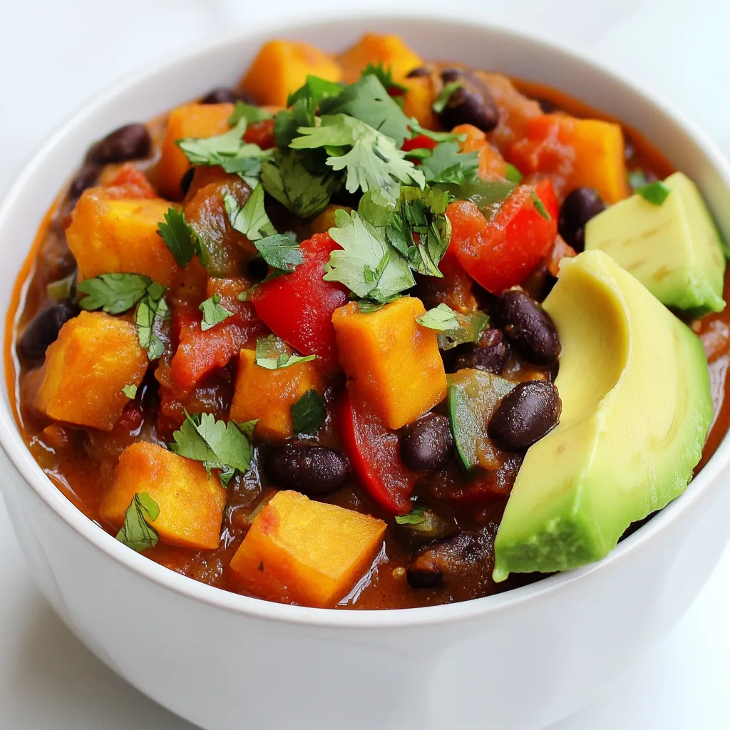 - 2 medium sweet potatoes, peeled and diced - 1 can (15 oz) black beans, drained and rinsed - 1 can (15 oz) diced tomatoes (with juices) - 1 cup vegetable broth - 1 red bell pepper, diced - 1 green bell pepper, diced - 1 onion, chopped - 3 cloves garlic, minced - 2 tablespoons olive oil - 2 teaspoons ground cumin - 1 teaspoon smoked paprika - 1 teaspoon chili powder - Salt and pepper to taste - Fresh cilantro for garnish - 1 avocado, diced (optional, for serving) I like to use specific brands for the best flavor. For black beans, I recommend Goya. Their beans are rich and tasty. For diced tomatoes, Muir Glen is my go-to brand. Their tomatoes taste fresh and sweet. For broth, I prefer Pacific Organic. It adds depth to the chili. Use extra virgin olive oil, like California Olive Ranch, for the best flavor. You can mix things up if you need to. If you can’t find sweet potatoes, use regular potatoes. They will still work well. For black beans, try kidney beans for a different taste. If you want a kick, add jalapeños or cayenne pepper. No fresh cilantro? Use parsley instead for a fresh touch. You can skip the avocado if you need to keep it simple. {{ingredient_image_1}} 1. Start by heating 2 tablespoons of olive oil in a large pot over medium heat. 2. Add 1 chopped onion and sauté for 3-4 minutes until it looks clear. 3. Next, stir in 3 minced garlic cloves, 2 teaspoons of ground cumin, 1 teaspoon of smoked paprika, and 1 teaspoon of chili powder. Cook this mix for 1-2 minutes until you smell the spices. 4. Now, add 2 diced sweet potatoes and both 1 diced red and 1 diced green bell pepper to the pot. Stir everything well. 5. Pour in 1 can of diced tomatoes (with juices) and 1 cup of vegetable broth. Add 1 can of drained and rinsed black beans. Mix it all together and bring it to a boil. 6. Once boiling, lower the heat to low. Cover the pot and let it simmer for 25-30 minutes. Stir it every now and then to keep it from sticking. 7. When the sweet potatoes are soft, season with salt and pepper. If you want a thicker chili, mash some sweet potatoes with a fork right in the pot. 8. Serve hot! Top with fresh cilantro and diced avocado if you like. - Gather all your ingredients before you start cooking. This saves time and keeps you organized. - Use a sharp knife to speed up chopping tasks. Dicing will be quick and easy. - Keep a trash bowl nearby for scraps. This helps keep your workspace clean. - If you prep your veggies ahead of time, it will make cooking smoother and faster. - Don’t skip sautéing the onion and garlic. This step builds great flavor. - Avoid cooking on high heat. It can burn your chili and ruin the taste. - Don’t forget to stir! This prevents sticking and burning at the bottom of the pot. - Be careful with salt. Start with a little, taste, and adjust as needed. To boost the flavor of your Sweet Potato Black Bean Chili, use fresh spices. Fresh spices, like cumin and smoked paprika, add depth. You can also add a squeeze of lime juice before serving. This adds a bright taste that wakes up the dish. If you like heat, try adding chopped jalapeños or a dash of hot sauce. This will give your chili a nice kick. Serve your chili hot in a bowl. Top it with fresh cilantro for a burst of color. Diced avocado also adds creaminess and richness. You can even add a dollop of sour cream or yogurt. This makes it feel extra special. Pair your chili with crusty bread or warm tortillas. This helps soak up all the delicious flavors. For sides, try a simple green salad. The crunch will balance the chili's warmth. Cornbread is another great choice. It pairs perfectly with the chili's flavors. For drinks, consider a light beer or sparkling water. A refreshing drink will complement the meal well. Red wine can also work nicely if you prefer. It adds a touch of elegance to your dinner. Pro Tips Use Fresh Ingredients: Using fresh sweet potatoes and bell peppers enhances the flavor and nutritional value of your chili. Adjust Spice Levels: Feel free to add more chili powder or a dash of hot sauce if you prefer a spicier chili. Let it Rest: Allowing the chili to sit for 10-15 minutes after cooking lets the flavors meld together for a richer taste. Batch Cooking: This chili freezes well, making it a great option for meal prep. Just store in airtight containers! {{image_2}} You can switch up the main ingredients for fun. Instead of sweet potatoes, try butternut squash. It adds a nice sweetness. You can also use kidney beans or pinto beans in place of black beans. For a different taste, add corn or zucchini. If you want a heartier chili, throw in some diced carrots or mushrooms. Want your chili to pack a punch? Add diced jalapeños or chipotle peppers for heat. You can also increase the chili powder or smoked paprika. For a smoky flavor, add a dash of liquid smoke. If you like it really spicy, finish with hot sauce. Just adjust to your taste. This chili is already vegan and gluten-free. Still, check labels on your broth and tomatoes. Some brands add gluten. For a creamier texture, blend a portion of the chili. You can also top with dairy-free yogurt instead of sour cream. This keeps it light but adds richness. Enjoy your meal without worry! To keep your sweet potato black bean chili fresh, place it in an airtight container. Let it cool first, then cover it tightly. Store it in the fridge if you plan to eat it within a few days. It stays good for about 3 to 5 days this way. When you are ready to heat up your chili, pour it into a pot. Use medium heat on the stove. Stir it often to warm it evenly. You can also use a microwave. Place the chili in a bowl, cover it, and heat in 30-second intervals. Stir after each interval until hot. If you want to save your chili for later, freezing is a great option. Use a freezer-safe container, leaving some space at the top for expansion. It can last up to 3 months in the freezer. When you want to eat it, thaw it overnight in the fridge. Reheat it on the stove or in the microwave as mentioned earlier. Sweet Potato Black Bean Chili lasts about 4 to 5 days in the fridge. Store it in an airtight container. The flavors get better as it sits. Just make sure to keep it cool. Yes, you can make this chili in a slow cooker! Start by sautéing the onion and garlic in a pan. Then, add all the other ingredients to the slow cooker. Cook on low for 6 to 8 hours or high for about 3 to 4 hours. Sweet potatoes are rich in vitamins A and C. They also have fiber, which aids digestion. Black beans are high in protein and iron. They help keep you full and strong. Together, they make a great combination for a healthy meal. In this blog post, we explored how to make Sweet Potato Black Bean Chili. We covered essential ingredients, brands to trust, and clever substitutions. I provided step-by-step cooking instructions and tips to avoid common mistakes. We also discussed flavor enhancers, serving ideas, and pairing options. Variations like spicy adjustments and vegan swaps were outlined. Finally, I shared helpful storage tips and answered common questions. This chili is simple to make and fun to share. You’ll love the flavors and comfort it brings. Enjoy your cooking!