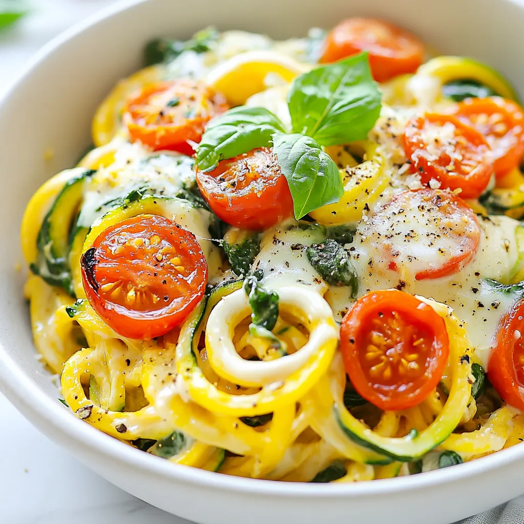 To make Keto Tuscan Zucchini Noodles, gather these ingredients: - 4 medium zucchinis, spiralized into noodles - 1 cup cherry tomatoes, halved - 1 cup fresh spinach - 1/2 cup heavy cream - 1/4 cup grated Parmesan cheese - 2 cloves garlic, minced - 1 teaspoon Italian seasoning - 2 tablespoons olive oil - Salt and pepper to taste - Fresh basil leaves for garnish When making this dish, precise measurements help your meal shine. Use a kitchen scale to weigh the zucchinis. For liquids, use a measuring cup. For spices, use measuring spoons. These tools ensure every ingredient shines in flavor. Fresh ingredients make all the difference in this dish. Fresh zucchinis have a crisp texture that adds to the noodles. Ripe cherry tomatoes burst with flavor and sweetness. Fresh spinach wilts perfectly, adding color and nutrients. Using high-quality Parmesan enhances the creaminess of the sauce. Always choose the freshest ingredients for the best taste. {{ingredient_image_1}} To make zucchini noodles, you start by spiralizing the zucchinis. I use a spiralizer, but a simple vegetable peeler works too. After spiralizing, place the noodles in a colander. Sprinkle a little salt on them and let them sit for about 15 minutes. This step helps to draw out extra moisture. After 15 minutes, pat the noodles dry with paper towels. This prevents soggy noodles later. Next, heat 2 tablespoons of olive oil in a large skillet over medium heat. Add 2 cloves of minced garlic and sauté for about 1 minute. The garlic should smell fragrant. Then, add 1 cup of halved cherry tomatoes. Cook them for about 3 to 4 minutes until they soften. Stir in 1/2 cup of heavy cream and bring it to a gentle simmer. Now, add 1/4 cup of grated Parmesan cheese, 1 teaspoon of Italian seasoning, salt, and pepper. Stir until the cheese melts and the sauce becomes creamy. Finally, toss in 1 cup of fresh spinach. Cook for another 2 minutes until the spinach wilts down. Now it's time to bring everything together. Gently fold the zucchini noodles into the sauce. Cook for an additional 2 to 3 minutes until the noodles heat up but stay firm. You want them to keep their shape and crunch. Once done, remove the skillet from the heat. Garnish with fresh basil leaves right before serving. This adds a pop of color and flavor to your dish. Enjoy your delicious Keto Tuscan Zucchini Noodles! To cut zucchini noodles, you need a spiralizer. Choose firm zucchinis for the best noodles. Start by trimming the ends of each zucchini. Place the zucchini in the spiralizer and twist to create long noodles. If you don't have a spiralizer, a vegetable peeler works too. Just peel long strips to mimic noodles. To make your sauce creamier, use heavy cream. It adds richness and smoothness. You can also add more Parmesan cheese when the sauce simmers. For a lighter option, use full-fat coconut cream. This keeps it rich without dairy. Stir the sauce well to mix all flavors and create a smooth texture. Soggy noodles can ruin your meal. To avoid this, sprinkle salt on the spiralized zucchini and let it sit for 15 minutes. This draws out excess water. After, pat them dry with paper towels. When cooking, add the zucchini noodles last. This keeps them firm and prevents overcooking. Enjoy your perfect, non-soggy zucchini noodles! Pro Tips Spiralizing Zucchini: To prevent soggy noodles, always salt and drain the spiralized zucchini for at least 15 minutes before cooking. Choosing Cheese: For a more intense flavor, use aged Parmesan cheese. It melts beautifully and adds depth to the sauce. Fresh Herbs: Enhance the flavor by adding fresh herbs like thyme or oregano along with the Italian seasoning for a fragrant twist. Heat Control: Be careful not to overcook the zucchini noodles; they should be tender yet firm to retain their texture and flavor. {{image_2}} You can make Keto Tuscan Zucchini Noodles more filling by adding protein. Grilled chicken works great. Just slice it into bite-sized pieces. You can also use shrimp for a light touch. Cook shrimp in the skillet until pink, then mix them in with the sauce. This adds flavor and makes the dish more satisfying. If you want a dairy-free option, swap heavy cream for coconut cream. It gives a nice, rich taste. Use nutritional yeast instead of Parmesan for a vegan touch. This keeps the dish creamy and adds a cheesy flavor without using dairy. You can still enjoy this dish while meeting your dietary needs. To spice things up, add red pepper flakes when cooking the garlic. This adds a nice kick to the dish. For an herb-infused taste, mix in fresh thyme or oregano along with the Italian seasoning. This gives the dish a fresh and vibrant flavor. You can easily adjust the flavors to suit your taste buds. To keep your Keto Tuscan Zucchini Noodles fresh, let them cool first. Once cool, place them in an airtight container. Store them in the fridge for up to three days. If you notice excess moisture, drain it before sealing. This step helps prevent sogginess. When you’re ready to enjoy your leftovers, reheat them gently. Use a skillet over low heat. Add a splash of olive oil or cream to keep them moist. Stir frequently until heated through. Avoid microwaving, as it may make the noodles mushy. Freezing zucchini noodles can be tricky. I recommend freezing the sauce separately. Cook the sauce, then let it cool. Pour it into freezer bags and seal tightly. For the zucchini noodles, spiralize them, then blanch in boiling water for one minute. Cool them quickly in ice water, then drain. Place them in freezer bags, remove air, and seal. They can last up to three months. Thaw them in the fridge before using. Zucchini noodles are low in carbs and calories. They are a great choice for a keto diet. Zucchini is rich in vitamins A and C. It also has potassium, which is good for heart health. Plus, zucchini contains fiber, which aids digestion. Swapping pasta for zucchini noodles can help you feel full without the extra carbs. This makes it easier to stick to your health goals. Yes, you can use other vegetables to make noodles. Some popular options are carrot, cucumber, or squash. Each veggie has a unique taste and texture. For example, carrot noodles add a sweet note to your dish. Cucumber noodles are refreshing, perfect for summer meals. Just remember that cooking times may vary with different vegetables. Absolutely! This recipe works well for meal prep. You can cook the sauce and zucchini noodles ahead of time. Store them separately in airtight containers. When you’re ready to eat, just heat them up. This method keeps your noodles from getting soggy. You can enjoy a quick and tasty meal all week long. If you don’t have a spiralizer, use a vegetable peeler. Simply run the peeler along the zucchini to create thin strips. You can also use a box grater to make thin noodles. Just be careful to avoid your fingers. These methods may not create perfect spirals, but they still work great in this recipe. Enjoy your homemade zucchini noodles! This post covered how to make delicious zucchini noodles, from fresh ingredients to cooking tips. You learned how to prepare, cook, and combine the ingredients for a tasty meal. I shared tricks for avoiding soggy noodles and adding flavors. Don't forget, experimenting with proteins and storage tips can make meal prep easier. Enjoy your cooking journey with zucchini noodles and try new variations. Simple meals can be healthy and fun!