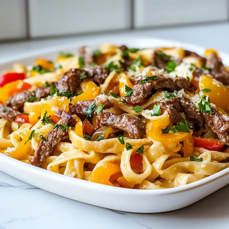 - 8 ounces pasta (fettuccine or penne) - 1 pound beef sirloin, thinly sliced - 1 tablespoon olive oil - 1 onion, sliced - 1 green bell pepper, sliced - 1 red bell pepper, sliced - 2 cloves garlic, minced - 1 cup beef broth - 1 cup heavy cream - 2 cups provolone cheese, shredded - 1 teaspoon Worcestershire sauce - Salt and pepper to taste - Fresh parsley for garnish When making Philly cheesesteak pasta, these ingredients shine. The pasta forms the base. Choose fettuccine or penne. Both hold sauce well. The beef sirloin adds rich flavor. Slice it thin for quick cooking. Olive oil helps sauté the beef and veggies. The veggies bring crunch and sweetness. I love the mix of onions and bell peppers. Garlic adds depth. The sauce is creamy and savory. Beef broth provides richness. Heavy cream makes it smooth. Provolone cheese melts beautifully, tying all flavors together. Finally, Worcestershire sauce boosts umami. Don’t forget salt and pepper to enhance taste. Fresh parsley adds color and freshness. Gather these ingredients, and you're on your way to a delicious meal! {{ingredient_image_1}} Start by boiling water in a large pot. Add a pinch of salt to the water. When the water boils, add 8 ounces of pasta. I like fettuccine or penne for this dish. Cook the pasta according to the package directions. You want it to be al dente. This means it should be firm but not hard. Once cooked, drain the pasta in a colander and set it aside. In a large skillet, heat 1 tablespoon of olive oil over medium heat. Add 1 sliced onion and both sliced bell peppers. I use one green and one red bell pepper for color. Sauté these for about 5 minutes. You want them soft and a little brown. Stir in 2 cloves of minced garlic and cook for one more minute. The garlic should smell nice. Once done, remove the veggies from the skillet and set them aside. Now, in the same skillet, turn the heat to high. Add 1 pound of thinly sliced beef sirloin. Season with salt and pepper to taste. Cook the beef for about 3 to 4 minutes. Stir often. The beef should turn brown and lose its pink color. Once browned, it’s ready to go. Pour in 1 cup of beef broth and 1 teaspoon of Worcestershire sauce. Use a spatula to scrape the bottom of the skillet. This lifts the tasty bits stuck there. Bring this mixture to a simmer. Then lower the heat to medium-low and stir in 1 cup of heavy cream. This makes the sauce rich and creamy. Slowly add 2 cups of shredded provolone cheese into the skillet. Stir continuously until the cheese melts. The sauce should be smooth and creamy now. Next, add the cooked pasta and the sautéed vegetables back into the skillet. Stir everything together well. Cook for another 2 to 3 minutes to heat it all through. Before serving, taste the dish. Adjust the seasoning with more salt and pepper if needed. Serve the Philly Cheesesteak Pasta on a large platter. I like to garnish it with fresh parsley and an extra sprinkle of provolone cheese. You can also serve garlic bread on the side for a complete meal. Enjoy! To make the sauce creamy, use heavy cream. Add it slowly to the skillet. Stir well as it combines with the beef broth. This helps blend in flavors and makes it smooth. If it feels too thick, add a splash of beef broth. This keeps it rich and tasty without being heavy. When sautéing, heat your oil before adding the veggies. This helps them brown nicely. Keep the heat at medium to avoid burning. Stir often to cook evenly. Once the meat is in, raise the heat to high. This gives the beef a nice sear. It locks in the juices and adds flavor. Garnish your dish with fresh parsley. It adds color and a fresh taste. You can also sprinkle more provolone cheese on top for extra flavor. Serve the pasta with garlic bread. This makes a hearty meal and is perfect for sharing. You can pair it with a simple salad, too. A light side balances the rich pasta. Pro Tips Use Fresh Ingredients: For the best flavor, opt for fresh bell peppers and onions. They will enhance the overall taste of your dish. Slice Meat Thinly: Ensure your beef is sliced very thinly against the grain for tenderness and quicker cooking. Experiment with Cheese: While provolone is traditional, feel free to mix in other cheeses like mozzarella or cheddar for a unique twist. Save Some Pasta Water: If your sauce is too thick, adding a splash of reserved pasta water can help loosen it up and add extra flavor. {{image_2}} You can make a tasty vegetarian version of Philly Cheesesteak Pasta. Instead of beef, use mushrooms or seitan. Both add great texture and flavor. For mushrooms, try portobello or cremini. They soak up flavors well. If you use seitan, it mimics the taste and texture of meat. Sauté them just like you would the beef. Provolone cheese is classic, but don’t stop there! Try mozzarella for a milder taste. It melts beautifully, making your dish creamy. Cheddar can add a sharp flavor, while gouda gives a smoky touch. Mix and match these cheeses for a fun twist! You can add your favorite toppings for more flavor. Try jalapeños for heat or sautéed mushrooms for depth. Fresh herbs like basil or oregano can brighten up your dish. For a crunch, add crispy fried onions or a sprinkle of crushed red pepper. Get creative with spices too! A pinch of paprika or garlic powder can elevate the taste. To keep your Philly Cheesesteak Pasta fresh, store it in an airtight container. Place it in the fridge within two hours of cooking. It will last up to three days. Make sure it is cooled to room temperature before sealing. This helps keep the flavors intact. To reheat, use a skillet over medium heat. Add a splash of beef broth or cream to keep it moist. Stir it often for even heating. You can also use the microwave. Heat in short bursts of 30 seconds. Stir after each burst until hot. This keeps the pasta from drying out. If you want to freeze your pasta, let it cool first. Place it in a freezer-safe container. It can last for up to three months in the freezer. To reheat, thaw it in the fridge overnight. Then, use the skillet method to warm it up. This helps keep the sauce creamy and delicious. Yes, you can! While fettuccine and penne are great choices, many other pasta types work well. You might try: - Rigatoni - Shells - Spaghetti Each pasta shape will hold the sauce in its own way. Pick your favorite for a fun twist! If you love heat, there are many ways to spice up this dish. Here are some tips: - Add crushed red pepper flakes while cooking. - Mix in sliced jalapeños or serrano peppers. - Use pepper jack cheese instead of provolone. These additions will amp up the flavor and give your dish a nice kick! This pasta dish is rich and filling. Here are some great sides to enjoy with it: - Garlic bread - A fresh green salad - Roasted vegetables These sides balance the meal and add extra flavor. Enjoy your cooking adventure! This post covered a tasty Philly Cheesesteak Pasta recipe, starting with key ingredients like pasta, beef, and fresh veggies. You learned how to cook pasta, sauté vegetables, and make a creamy sauce. We also explored cooking tips and fun variations, including vegetarian options. Try this dish for a satisfying meal any night. Enjoy cooking and making it your own!