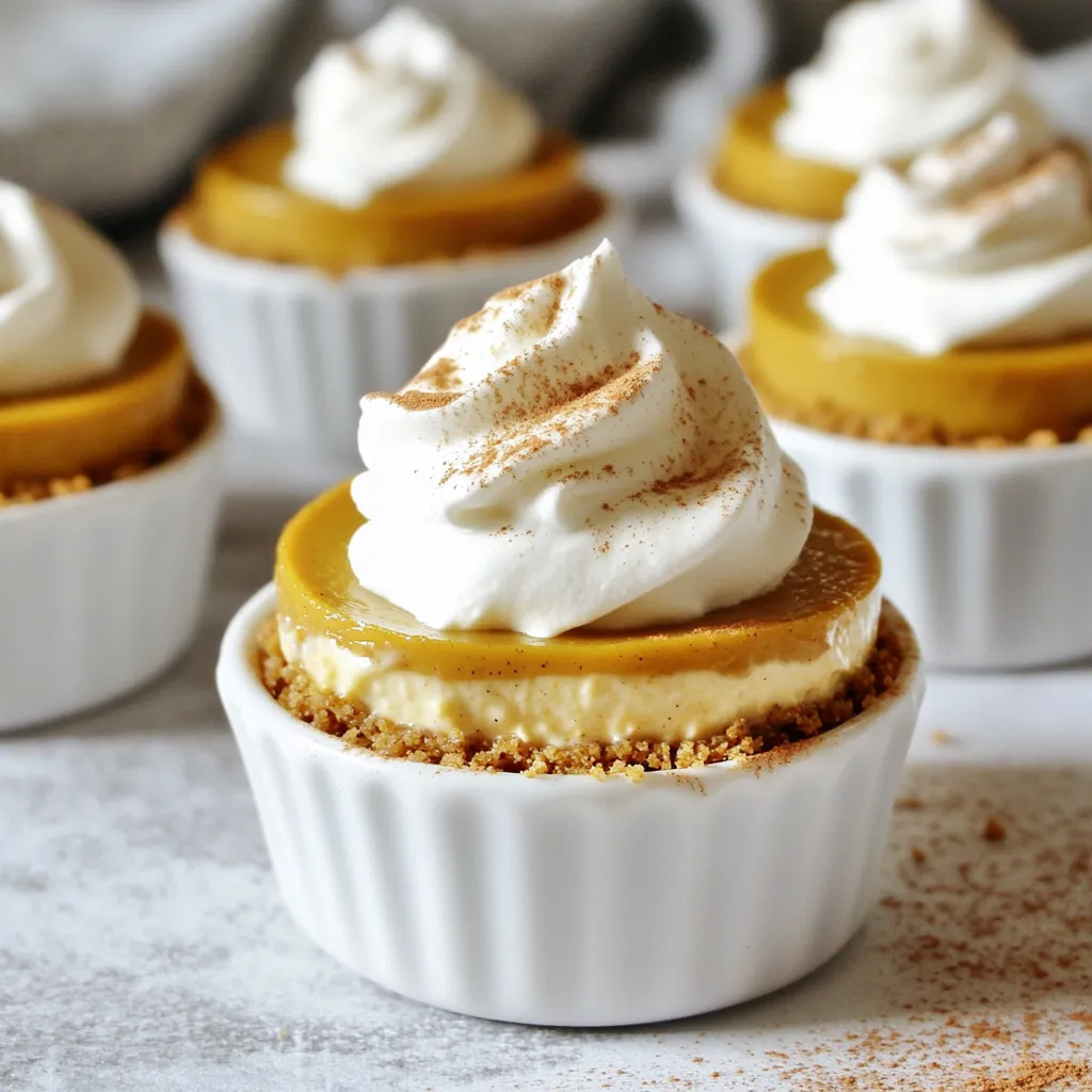 To make these yummy cheesecake cups, you will need: - 1 cup pumpkin puree - 8 oz cream cheese, softened - 1/2 cup Greek yogurt - 1/2 cup vanilla protein powder - 1/4 cup maple syrup - 1 tsp vanilla extract - 1 tsp pumpkin pie spice - 1/4 tsp salt These main ingredients bring the pumpkin flavor and creamy texture. The Greek yogurt adds protein and tang, while maple syrup gives sweetness. For the crust, gather these items: - 1 cup crushed graham crackers - 2 tbsp melted coconut oil This crust is simple yet tasty. The graham crackers bring crunch, while the coconut oil binds it all together. You can make your dessert even better with these extras: - Whipped cream (for topping, optional) - Cinnamon for dusting (optional) Whipped cream adds a fluffy touch, and cinnamon gives a warm flavor kick. Enjoy customizing your cheesecake cups! Start by gathering your ingredients. You need crushed graham crackers and melted coconut oil. In a medium bowl, mix the graham cracker crumbs with the coconut oil. Make sure the crumbs get evenly coated. This mix will form a tasty base. Next, divide this mixture into 6-8 small cups. Press it down firmly to create a solid layer at the bottom. In a large bowl, beat 8 oz of softened cream cheese with an electric mixer. Mix until it is smooth and creamy. Then, add 1 cup of pumpkin puree, 1/2 cup of Greek yogurt, and 1/2 cup of vanilla protein powder. Pour in 1/4 cup of maple syrup, 1 tsp of vanilla extract, 1 tsp of pumpkin pie spice, and 1/4 tsp of salt. Blend everything together until it is well mixed and smooth. Now, take your cheesecake filling and spoon it over the crust in each cup. Fill them to the top and smooth the surface with a spatula. Once all cups are filled, place them in the refrigerator. Let them chill for at least 4 hours. For the best texture, leave them overnight. When you are ready to serve, take the cups out of the fridge. You can add whipped cream on top for extra flavor. A light dusting of cinnamon adds a nice touch too. Enjoy your delightful pumpkin protein cheesecake cups! To get a creamy texture, start with softened cream cheese. Beat it well until smooth. This step is key. When you add pumpkin puree and Greek yogurt, mix slowly. Use an electric mixer for best results. If you see lumps, keep mixing. The more you blend, the creamier it gets. Chilling is essential for the best texture. After you fill the cups, place them in the fridge. Let them chill for at least four hours. Overnight is even better. This time helps the flavors meld and the filling set. Cover the cups with plastic wrap. This keeps them fresh and prevents drying out. You can easily modify this recipe. If you want a different flavor, swap pumpkin for sweet potato puree. You can also use flavored protein powder for a twist. For a lower sugar option, use a sugar substitute in place of maple syrup. If you're dairy-free, try cashew cream instead of cream cheese. These swaps keep the dessert fun and flexible! {{image_2}} You can mix up the flavors in these cups. Try adding cocoa powder for a chocolate twist. You could also use flavored protein powder, like chocolate or vanilla. If you want a fruity touch, consider mixing in some mashed bananas or applesauce. Each flavor change gives a new taste that keeps things fun. Looking to make a healthier version? Swap the cream cheese for a dairy-free cream cheese. Use coconut yogurt or almond yogurt for a lighter touch. Choose a low-sugar maple syrup or a sugar substitute like stevia. These changes keep the treat tasty while cutting back on sugar and calories. You can serve these cheesecake cups in various ways. Instead of small cups, layer the filling and crust in a glass for a parfait. This looks fancy and gives a fun twist. You can also make mini cups using smaller containers. These are great for parties or snacks. Just remember, presentation can make a simple dessert feel special! Store your pumpkin protein cheesecake cups in the fridge. Use an airtight container. This keeps them fresh and tasty. If you have extra cups, wrap them well. Use plastic wrap or foil to cover them tightly. These cheesecake cups last about 5 days in the fridge. After that, they may lose their flavor and texture. To enjoy them at their best, eat them within this time. If they look or smell off, it’s best to toss them. You can freeze these cups for longer storage. First, let them chill in the fridge for a few hours. Then, wrap each cup tightly in plastic wrap. Place them in a freezer-safe container. They should stay good for up to 3 months. When ready to eat, thaw them in the fridge overnight. Enjoy them as a cool, sweet treat! Yes, you can use a different protein powder. Just choose one that fits your taste. If you want a chocolate flavor, go for chocolate protein powder. If you want no flavor, use unflavored protein. The texture may change a bit, but it will still taste great. You can store these cheesecake cups for up to five days in the fridge. Make sure to cover them well to keep them fresh. If you have leftovers, they will still taste yummy later on. Yes, you can make this a vegan dessert! Use vegan cream cheese and coconut yogurt instead of Greek yogurt. Swap maple syrup for agave or another vegan sweetener. This way, you can enjoy a tasty treat without any animal products. If you don’t have pumpkin puree, try using sweet potato puree or butternut squash puree. Both options bring a nice flavor and texture. You can even use mashed bananas for a fun twist! Just keep in mind that the taste will change a bit. You now have all you need to make cheesecake cups. We discussed key ingredients, a clear step-by-step guide, and useful tips. We also explored variations and how best to store them. Whether you enjoy classic flavors or want to try healthy options, these cheesecake cups are simple and delicious. Get creative with your toppings and substitutions. Your friends and family will love your treats. Enjoy your cheesecake adventure!