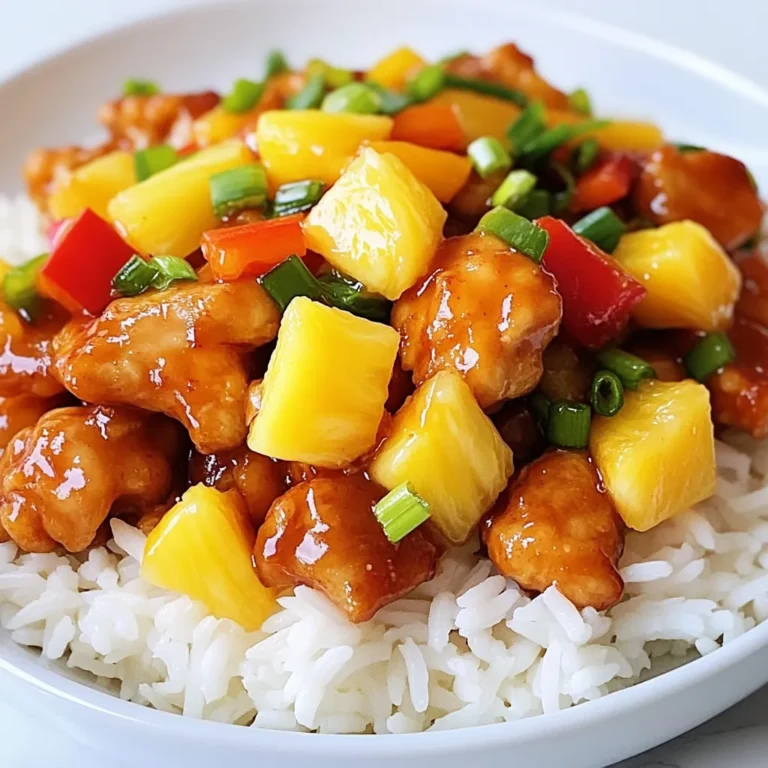 To create the best sweet and sour chicken, gather these fresh ingredients. Each one plays a key role in adding flavor. - 1 lb chicken breast, cut into bite-sized pieces - 1 cup bell peppers (red, green, and yellow), diced - 1 cup pineapple chunks (fresh or canned) - 1 medium onion, diced - 2 cloves garlic, minced - 1 cup sugar snap peas - Sauce Ingredients: - ½ cup ketchup - ¼ cup apple cider vinegar - 2 tablespoons soy sauce - 2 tablespoons cornstarch - 1 teaspoon ginger, grated - 3 tablespoons vegetable oil - Salt and pepper to taste These ingredients blend together to create a colorful and tasty meal. The chicken gives protein, while the vegetables add crunch and color. Pineapple adds the sweet touch. The sauce brings everything together with its tangy flavor. You can find these ingredients at any grocery store. This dish is easy to make, and it tastes great! {{ingredient_image_1}} Coating with Cornstarch First, take 1 pound of chicken breast. Cut it into bite-sized pieces. Place the chicken in a bowl. Add 2 tablespoons of cornstarch, along with salt and pepper. Mix well to coat each piece evenly. This will help the chicken stay crispy when cooked. Sautéing Chicken Heat 2 tablespoons of vegetable oil in a large skillet or wok over medium-high heat. Once hot, add the coated chicken pieces. Cook until golden brown, about 5 to 7 minutes. Make sure to stir occasionally. Once cooked, remove the chicken from the skillet and set it aside. Sautéing Onion and Garlic In the same skillet, add 1 tablespoon of vegetable oil. Add 1 medium diced onion and 2 minced garlic cloves. Sauté for about 3 minutes. You want the onion to turn translucent and fragrant. Adding Peppers and Sugar Snap Peas Next, add 1 cup of diced bell peppers and 1 cup of sugar snap peas to the skillet. Stir and cook for another 3 to 4 minutes. The veggies should start to soften but still have a nice crunch. Mixing in Pineapple and Chicken Now, stir in 1 cup of pineapple chunks and the browned chicken pieces. Mix everything well so the chicken and veggies combine nicely. Adding Sauce and Cooking Together In a separate bowl, mix together ½ cup of ketchup, ¼ cup of apple cider vinegar, 2 tablespoons of soy sauce, and 1 teaspoon of grated ginger. Pour this sauce over the chicken and veggies. Cook everything together for another 3 to 4 minutes. Stir occasionally until the sauce thickens and coats the chicken and vegetables well. Adjust seasoning if needed. To get the sauce just right, you need to adjust its thickness. If it seems too thin, let it cook a bit longer. The heat will help it thicken. If it's too thick, add a little water or broth. This will help balance your sauce. Balancing sweet and sour flavors is key. Use the right mix of ketchup and apple cider vinegar. If it tastes too sweet, add more vinegar. If it's too sour, add a bit more sugar. Taste as you go to get it just right. Searing chicken gives it a nice brown color and great flavor. Heat your skillet and add oil first. Cook the chicken in batches if needed. This avoids crowding the pan. Crowded chicken steams instead of sears. Stir-frying is quick and keeps the chicken juicy. Cook it on high heat for just a few minutes. This method works well for bite-sized pieces. Both methods can yield tasty results. Presentation makes your meal more inviting. Serve Sweet and Sour Chicken over fluffy rice. This adds a nice base and helps soak up the sauce. For garnishing, use extra pineapple chunks. Chopped green onions add color and freshness. You could also sprinkle sesame seeds for crunch. A beautiful plate makes the meal even better! Pro Tips Choose the Right Chicken: Opt for boneless, skinless chicken breasts for a quicker cooking time and a leaner dish. Fresh vs. Canned Pineapple: Using fresh pineapple will enhance the flavor and add a lovely texture compared to canned varieties. Perfectly Cooked Vegetables: To maintain their crunch, add the bell peppers and sugar snap peas towards the end of cooking. Thickening the Sauce: If the sauce isn't thickening to your liking, mix a little more cornstarch with water and add it to the skillet. {{image_2}} You can switch up the protein in sweet and sour chicken. Shrimp works great for a lighter dish. It cooks fast and adds a nice flavor. Just sauté it until it turns pink. Tofu is another option. Use firm tofu, and press it to remove extra water. Cut it into cubes and sauté until golden. Both options make this dish unique. You don’t have to stick to bell peppers and snap peas. Broccoli adds a nice crunch and absorbs the sauce well. Carrots bring sweetness and color. Toss in zucchini for a softer texture, or add mushrooms for an earthy taste. Feel free to mix and match your favorites. The sauce plays a big role in sweet and sour chicken. You can make your own sauce for fresh flavors. Combine ketchup, vinegar, soy sauce, and ginger for a homemade touch. Store-bought sauces can save time. Look for one with no added preservatives. Both options can make your dish shine. To keep your sweet and sour chicken fresh, place it in an airtight container. You can store it in the fridge for up to three days. Make sure it cools down before sealing the container. This helps keep the flavors intact. If you want to keep it longer, freezing is a great choice. - Refrigerator Guidelines - Store in an airtight container. - Consume within three days for best taste. - Freezer Options - Place in a freezer-safe container or bag. - It can last for up to three months. Reheating sweet and sour chicken is simple. You want to keep the chicken moist and the sauce flavorful. Here are the best methods to reheat it: - Best Methods for Reheating - Microwave: Place the chicken in a microwave-safe dish. Cover it with a damp paper towel. Heat for one to two minutes. Stir halfway through for even heating. - Stovetop: Heat a skillet over low heat. Add a splash of water or broth to keep it moist. Stir often until heated through. - Oven: Preheat to 350°F (175°C). Place the chicken in a baking dish. Cover with foil and heat for about 15 minutes or until warm. Following these steps helps ensure your dish tastes great, even as leftovers! Sweet and sour chicken is a fun dish that mixes flavors. It has juicy chicken pieces, colorful veggies, and sweet pineapple. The sauce combines ketchup, vinegar, and soy sauce, giving it a tangy punch. This dish is bright and tasty, making it a favorite for many! Yes, you can make sweet and sour chicken ahead of time. Here are some meal prep tips: - Cook the chicken and veggies separately. - Store them in airtight containers in the fridge. - Make the sauce ahead and keep it in a jar. - Combine everything when you’re ready to serve. This way, the dish stays fresh and tasty. Sweet and sour chicken pairs well with several sides. Here are some ideas: - Fluffy cooked rice to soak up the sauce. - Steamed broccoli for a healthy crunch. - Fried rice for extra flavor. - A light salad for freshness. These sides will make your meal complete and satisfying! This blog post walked you through making sweet and sour chicken. We covered key ingredients, step-by-step cooking tips, and fun variations. You learned how to store leftovers and reheat them for the best taste. Remember, you can customize this dish with different proteins or vegetables. Sweet and sour chicken is not just great for dinner but a perfect meal prep option too. Enjoy your cooking and share your delicious results!