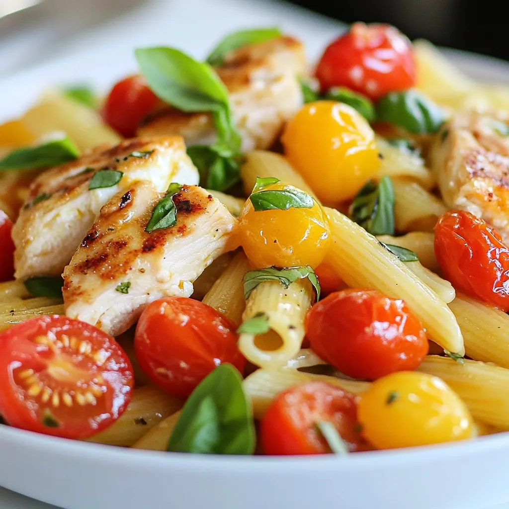 To make Bruschetta Chicken Pasta, you need the following ingredients: - 2 boneless, skinless chicken breasts - 8 oz. penne pasta - 2 cups cherry tomatoes, halved - 1 cup fresh basil, chopped - 1/2 cup mozzarella cheese, cubed - 3 cloves garlic, minced - 2 tablespoons balsamic vinegar - 3 tablespoons olive oil - Salt and pepper to taste - 1/4 teaspoon red pepper flakes (optional) Each ingredient plays a key role in the dish. The chicken adds protein and heartiness. The penne pasta serves as the base, soaking up flavors. Cherry tomatoes bring sweetness and color. Fresh basil gives it a bright and fragrant touch. Mozzarella cheese adds creaminess, while garlic brings depth. Balsamic vinegar adds tang, and olive oil ties it all together. Finally, salt, pepper, and red pepper flakes allow you to adjust the flavor to your taste. Gather these ingredients to create a delightful meal that is both easy and tasty. You will love how they work together to make this dish shine. {{ingredient_image_1}} Start by boiling water in a large pot. Add a pinch of salt to the water. Once the water boils, add 8 oz. of penne pasta. Cook it for about 10-12 minutes until it is al dente. Stir occasionally to prevent sticking. After cooking, drain the pasta and set it aside. While the pasta cooks, season 2 boneless, skinless chicken breasts with salt, pepper, and red pepper flakes if you like a bit of heat. In a large skillet, heat 1 tablespoon of olive oil over medium heat. Once hot, add the chicken breasts. Cook for about 6-7 minutes on each side. Make sure they are golden brown and cooked through. Remove the chicken from the skillet and let it rest. After a few minutes, slice the chicken into pieces. In the same skillet, add 2 tablespoons of olive oil. Once the oil is hot, add 3 cloves of minced garlic. Sauté for about 1 minute until you can smell the garlic. Next, add 2 cups of halved cherry tomatoes to the pan. Cook these for about 3-4 minutes, stirring gently. You want them to soften but not collapse. Stir in 2 tablespoons of balsamic vinegar, 1 cup of chopped basil, and season with salt and pepper. Cook for an additional minute to blend the flavors. Now it is time to bring everything together. Add the sliced chicken and the drained penne pasta to the skillet. Toss everything gently so each piece is coated well. Finally, fold in 1/2 cup of cubed mozzarella cheese. Allow it to melt slightly in the heat of the pasta and chicken. Serve hot, and feel free to garnish with more basil if you wish! To cook chicken perfectly, start with even thickness. This helps it cook evenly. I like to pound the chicken breasts to about 1 inch thick. Season both sides with salt, pepper, and red pepper flakes. Heat olive oil in a skillet over medium heat. Cook for 6-7 minutes on each side. Look for a golden brown color and check for doneness. Use a meat thermometer; it should read 165°F. Let the chicken rest for a few minutes before slicing. This keeps it juicy and tender. Flavor can make or break your dish. I love adding fresh herbs like basil, which brings brightness. Use garlic to add depth. Sauté minced garlic until fragrant, but don’t let it burn. Adding balsamic vinegar adds a sweet tang. Toss in salt and pepper to enhance the overall taste. If you enjoy a kick, add red pepper flakes. Mix everything well to combine flavors. This makes each bite flavorful and exciting. For the best mozzarella experience, use fresh mozzarella. Cube it into small pieces, so it melts nicely. Add it to the pasta mix at the end. Gently fold it in, allowing it to melt slightly. This creates a creamy texture. Don’t rush this step! Let it sit for a moment off the heat. The warm pasta will help melt the cheese, making each bite gooey and delicious. Enjoy the delightful stretch of cheese in every forkful! Pro Tips Use Fresh Ingredients: Fresh basil and ripe cherry tomatoes make a significant difference in flavor, enhancing the overall taste of the dish. Don’t Overcook the Chicken: To keep the chicken juicy, cook it just until fully done and let it rest before slicing. Customize the Heat: Adjust the amount of red pepper flakes according to your heat preference; start with a little and add more if desired. Serve Immediately: This dish is best enjoyed fresh and hot to fully appreciate the melty mozzarella and vibrant flavors. {{image_2}} You can easily boost the health of your Bruschetta Chicken Pasta with extra veggies. Consider adding spinach, zucchini, or bell peppers. These vegetables add color and nutrition. Simply chop them and toss them in while you sauté the garlic and tomatoes. They will cook quickly and blend well with the flavors. If you want to change the protein, there are many great choices. You could use shrimp, salmon, or even tofu for a vegetarian option. Cook these proteins in the same way as the chicken. Shrimp cooks fast, so keep an eye on it. This will give you a new dish each time you make it! For a gluten-free version, swap the penne pasta with gluten-free pasta. There are many tasty options made from rice or chickpeas. Just make sure to check the package for cooking times. You can enjoy all the flavors without gluten. This makes the dish great for everyone! To store leftovers, let the pasta cool first. Use an airtight container to keep it fresh. Place it in the fridge for up to three days. This way, your meal stays tasty and safe. When you’re ready to eat, you can reheat the pasta easily. Use the microwave or a skillet. For the microwave, warm it for about 1-2 minutes. Stir halfway to heat evenly. If using a skillet, add a splash of water and heat over low heat. This keeps the pasta moist. You can freeze Bruschetta Chicken Pasta for later. Place it in a freezer-safe container. Make sure to leave some space for expansion. It can last up to three months in the freezer. To enjoy, thaw it overnight in the fridge before reheating. Yes, you can make this dish ahead. Cook the pasta and chicken, then mix them. Store in the fridge for up to three days. Reheat it on the stove or in the microwave. Keep the cheese separate until serving for the best taste. If you don't have penne, use any pasta you like. Fusilli, rotini, or even spaghetti work well. Just adjust the cooking time according to the pasta type. Choose a shape that holds sauce well for the best flavor. This recipe is great for meal prep. It packs well in containers and tastes good reheated. You can prepare portions for lunches or easy dinners during the week. Just store it in the fridge and enjoy it all week long. To make this dish vegetarian, skip the chicken. Replace it with vegetables like zucchini, bell peppers, or mushrooms. You can add extra cherry tomatoes for more flavor. This keeps the dish hearty and satisfying without meat. Yes, you can use dried herbs if fresh basil isn't available. Use about one teaspoon of dried basil. Dried herbs are stronger, so adjust the amount to taste. Add them when cooking the tomatoes for the best flavor. This blog post provided a full guide to making a colorful Bruschetta Chicken Pasta. You learned about the key ingredients, step-by-step cooking methods, and useful tips for great flavor. I also shared tasty variations to suit your needs and helpful storage advice. In closing, this dish is simple to make and customizable. Enjoy your cooking and have fun experimenting with flavors! You can create a meal everyone will love.