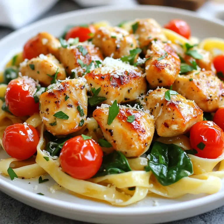 - 1 lb boneless, skinless chicken breasts, cut into bite-sized pieces - 8 oz pasta (fettuccine or spaghetti) - 4 tablespoons unsalted butter - 4 cloves garlic, minced For this dish, start with fresh chicken. I prefer boneless, skinless chicken breasts. They cook quickly and stay tender. For pasta, choose fettuccine or spaghetti. Both types work great with the sauce. Garlic is a must; it adds a wonderful aroma. Use unsalted butter for rich flavor without extra salt. - 1 teaspoon Italian seasoning - 1 teaspoon red pepper flakes (optional for heat) - Salt and pepper to taste Seasonings make your dish pop! Italian seasoning brings warmth and depth. If you like heat, add red pepper flakes. Adjust salt and pepper to your taste. Remember, seasoning enhances the natural flavors of the chicken and pasta. - 1 cup cherry tomatoes, halved - 2 cups baby spinach - 1 tablespoon fresh parsley, chopped (for garnish) - Grated Parmesan cheese (for serving) Garnishes not only add color but also fresh flavors. Cherry tomatoes offer sweetness and a pop of color. Baby spinach wilts down nicely, adding nutrition. Fresh parsley brightens the dish, making it visually appealing. Don’t forget the grated Parmesan cheese on top; it adds creaminess and richness. {{ingredient_image_1}} Boil a large pot of salted water. Add the pasta. Cook it until al dente. This usually takes about 8-10 minutes. Stir occasionally to prevent sticking. Once cooked, drain the pasta and set it aside. Remember to save 1/2 cup of pasta water for later. In a large skillet, melt 2 tablespoons of butter over medium heat. Once the butter sizzles, add the bite-sized chicken pieces in a single layer. Season the chicken with salt, pepper, and Italian seasoning. Cook the chicken for about 5-7 minutes. It should be golden brown and cooked through. Flip the pieces occasionally to cook evenly. Now it’s time for the garlic! Lower the heat and add the minced garlic to the skillet. Stir it around for about 1 minute. Be careful not to let it burn. Next, add the halved cherry tomatoes, the remaining 2 tablespoons of butter, and the cooked pasta to the skillet. If the mix looks dry, add some reserved pasta water. This helps to reach a creamy consistency. Mix everything well so all the flavors blend. Gently fold in the baby spinach. Cook for just 1-2 minutes until the spinach wilts. Taste and adjust seasoning with more salt, pepper, or red pepper flakes if you like some heat. Now, you have a delicious dish ready to serve! For this dish, I recommend using boneless, skinless chicken breasts. They cook evenly and stay tender. Always choose fresh chicken if you can. Look for a bright pink color and no strong smell. If you buy frozen chicken, thaw it safely in the fridge. Cut the chicken into bite-sized pieces. This size helps it cook faster and absorb flavors. Seasoning is key in this recipe. While Italian seasoning adds great taste, feel free to adjust it. If you like bold flavors, add more red pepper flakes. You can also try adding herbs like thyme or rosemary. For a richer taste, consider a splash of lemon juice or balsamic vinegar at the end. These small changes can make a big difference in flavor. Cooking pasta al dente is essential for this dish. Start by boiling salted water. This step is crucial as it adds flavor to the pasta. Follow the package instructions for timing, but check a minute early. The pasta should be firm but not hard. Reserve half a cup of pasta water before draining. This starchy water helps bind the sauce later, giving it a nice texture. Pro Tips Use Fresh Garlic: Freshly minced garlic enhances the flavor significantly compared to pre-minced options. Always opt for fresh for the best taste. Don’t Overcook the Chicken: To keep your chicken tender and juicy, avoid overcooking. It should be golden brown and cooked through in about 5-7 minutes. Reserve Pasta Water: The reserved pasta water is starchy and can help create a silky sauce. Add it gradually to achieve your desired consistency. Customize Your Veggies: Feel free to add other vegetables like bell peppers or zucchini. They can add color, nutrients, and extra flavor to your dish. {{image_2}} You can switch up the pasta for this dish. Instead of fettuccine or spaghetti, try penne or rotini. These shapes hold sauce well, giving you a great bite. Whole wheat or gluten-free pasta are also good options. They offer a healthier twist while still tasting great. If you want a change from chicken, shrimp works well. Cook it until pink and tender. Tofu is another option for a plant-based choice. Press and cube it before cooking to get that nice golden color. Both options add a unique flavor to the dish. You can boost the nutrition by adding more veggies. Broccoli, bell peppers, or zucchini are tasty choices. Just chop them into bite-sized pieces. Sauté them with the chicken for a few minutes before adding garlic. This keeps them crisp and colorful. You can also throw in peas for a pop of sweetness. To keep your garlic butter chicken bites fresh, place them in an airtight container. Make sure to cool the dish completely before sealing. You can refrigerate the leftovers for up to three days. If you want to store them longer, freeze the dish. Use freezer-safe bags or containers. Make sure to label them with the date. When it's time to enjoy leftovers, reheating is key. For the best flavor and texture, use the stovetop. Heat a skillet over medium heat and add a splash of water or broth. This will help steam the chicken and pasta, keeping them moist. Stir frequently until heated through. If using the microwave, cover the dish with a damp paper towel. This keeps moisture in and prevents drying out. Garlic butter chicken bites last for three days in the fridge. If frozen, they stay good for about two months. After that, the quality may decline. Always check for signs of spoilage, like odd smells or changes in color, before eating. Safe storage ensures that you enjoy every bite! Yes, you can use frozen chicken. Just remember to thaw it first. To thaw chicken, place it in the fridge overnight or use the microwave on the defrost setting. Cooking frozen chicken takes longer. So, plan for extra time. You should cook it until it reaches 165°F (74°C) to ensure safety. To add spice, use red pepper flakes. Start with one teaspoon, then adjust to taste. You can also add hot sauce or diced jalapeños for extra heat. Consider using spicy Italian sausage instead of chicken for a bold twist. The best way to reheat is on the stove. Add a splash of water or broth to keep it moist. Heat over low-medium heat, stirring often. You can also use the microwave. Heat in 30-second bursts until warm. Avoid high heat to keep the meat tender. This blog post covered a savory garlic butter chicken recipe. We explored essential ingredients, step-by-step cooking instructions, and tips for the best flavor. You learned about pasta choices, protein swaps, and how to store leftovers properly. In closing, this dish is simple yet flavorful. With its easy prep and cooking methods, you'll enjoy it any day! Try it out, and don't be afraid to make it your own.