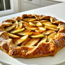 To make a Maple Apple Galette, gather these key items: - 2 cups all-purpose flour - 1/2 teaspoon salt - 1 tablespoon sugar - 1/2 cup unsalted butter, chilled and diced - 6-8 tablespoons ice water - 3-4 medium apples (like Granny Smith or Honeycrisp), peeled, cored, and thinly sliced - 1/4 cup pure maple syrup - 1 tablespoon lemon juice - 1 teaspoon cinnamon - 1/4 teaspoon nutmeg - 1 tablespoon cornstarch - 1 egg, beaten (for egg wash) - Sugar for sprinkling You can add your twist to the galette with these options: - A pinch of ginger for warmth - Chopped nuts for crunch - Raisins or dried cranberries for sweetness - A splash of vanilla extract for depth If you need swaps, here are some ideas: - Use whole wheat flour for a nuttier taste. - Swap unsalted butter with coconut oil for a dairy-free option. - Maple syrup can be replaced with honey or agave syrup. - Use any tart apple variety if you can’t find the ones listed. These ingredients come together to create a warm, sweet treat. Each part plays a key role in flavor and texture. The key is to have fun while mixing and matching based on what you like! Mixing Dry Ingredients Start by gathering your dry ingredients. In a large bowl, mix 2 cups of all-purpose flour, 1/2 teaspoon of salt, and 1 tablespoon of sugar. This mix gives your dough the right texture and flavor. Adding Butter and Forming Dough Next, take 1/2 cup of chilled, diced unsalted butter. Add it to the dry mix. Use your fingers or a pastry cutter to blend until it looks like coarse crumbs. This step is key for a flaky crust. Chilling the Dough Now, add ice water slowly, about 6-8 tablespoons. Mix until a ball forms. Wrap the dough in plastic wrap and chill it in the fridge for at least 30 minutes. This keeps the butter cold and helps the dough hold its shape. Combining Ingredients While the dough chills, prepare the apples. Peel and core 3-4 medium apples, like Granny Smith or Honeycrisp, then slice them thin. In a bowl, mix the apple slices with 1/4 cup of pure maple syrup, 1 tablespoon of lemon juice, 1 teaspoon of cinnamon, 1/4 teaspoon of nutmeg, and 1 tablespoon of cornstarch. Toss well until the apples are coated. Allowing Flavors to Develop Let the apple mixture sit for about 10 minutes. This allows the flavors to blend and the apples to soften slightly. Rolling Out the Dough Preheat your oven to 425°F (220°C). On a floured surface, roll out the chilled dough into a 12-inch round circle. Be gentle to keep the dough light and flaky. Transfer the rolled dough to a parchment-lined baking sheet. Placing and Folding the Apples Spoon the apple filling into the center of the dough, leaving a 2-inch border around the edges. Carefully fold the edges over the apples, making pleats as you go. This creates a rustic look and holds in the filling. Baking Instructions Brush the edges of the dough with a beaten egg for a golden finish. Sprinkle sugar on top for extra sweetness. Place the galette in your preheated oven and bake for 25-30 minutes. The crust should turn golden brown, and the apples need to be tender. To make your galette dough just right, keep your butter cold. Cold butter creates flaky layers. Mix the flour, salt, and sugar first. Then, add the chilled butter and mix until it looks like crumbs. Add the ice water slowly. This gives the dough a nice texture. Don't overmix; just bring it together. The best apples for this galette are tart and sweet. I love using Granny Smith or Honeycrisp apples. They hold their shape well when baked. You want apples that balance sweetness and tartness. This mix gives great flavor and texture. Avoid mushy apples like Red Delicious. Always preheat your oven to 425°F (220°C). A hot oven helps the crust become golden and crispy. Bake until the edges look brown and the apples are soft. Let the galette cool for a few minutes before slicing. This helps the filling set, making it easier to cut. Enjoy your galette warm or at room temperature! {{image_2}} You can mix flavors in your galette for fun. Try pears with apples for a sweet twist. Adding cranberries gives a tart kick. Want a spice boost? Use ginger or cardamom. You can also add nuts like walnuts or pecans for crunch. Mix and match to find your favorite blend! If you need a gluten-free option, swap the flour. Use a gluten-free blend instead. Make sure it has xanthan gum for proper texture. The rest of the recipe stays the same. Your galette will still taste great and have a lovely crust. Seasonal fruits can change the galette's vibe. In spring, use cherries or strawberries. Summer is perfect for peaches or plums. In fall, stick with apples or pears. Winter calls for citrus fruits like oranges or grapefruits. Each fruit brings its own charm to the dish! After enjoying your galette, let any leftovers cool completely. Place slices in an airtight container. You can store them in the fridge for up to 3 days. If you cover the galette well, it stays fresh longer. To reheat, preheat your oven to 350°F (175°C). Place the galette on a baking sheet. Heat for about 10-15 minutes. This warms the galette and keeps the crust crispy. You can also use a microwave for quick reheating. Just warm it for 30 seconds, but know the crust will not be as crisp. If you want to save some galette for later, you can freeze it. Wrap the cooled galette tightly in plastic wrap and then in foil. It can stay in the freezer for about 2-3 months. When you're ready to enjoy it, thaw it in the fridge overnight. Then, reheat in the oven for the best texture. A galette is more rustic than a pie. It has a free-form shape, while a pie is in a dish. The crust of a galette is usually thicker and flakier. You can see the filling peeking out, which adds to its charm. A pie has a top crust and is often more formal. Both are delicious, but a galette feels more casual and easy. Yes, you can use other sweeteners if you prefer. Honey, agave syrup, or brown sugar work well. Each sweetener will change the flavor slightly. Maple syrup adds a unique taste, but other options can be just as tasty. Adjust the amount based on how sweet you want your filling. You’ll know the galette is done when the crust is golden brown. The apples should be tender and bubbly. Baking usually takes 25-30 minutes at 425°F (220°C). Keep an eye on it towards the end. If the crust is brown and the apples are soft, it’s ready to come out! This post covered all the steps to make a great galette. We explored key ingredients, from essential items to custom options. I shared tips on making the best dough and choosing the right apples. We also looked at fun variations and how to store leftovers. You can now enjoy delicious galette with confidence. Experiment with flavors and share your results. Happy baking!