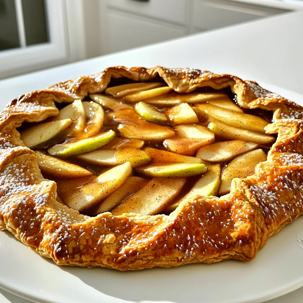 To make a Maple Apple Galette, gather these key items: - 2 cups all-purpose flour - 1/2 teaspoon salt - 1 tablespoon sugar - 1/2 cup unsalted butter, chilled and diced - 6-8 tablespoons ice water - 3-4 medium apples (like Granny Smith or Honeycrisp), peeled, cored, and thinly sliced - 1/4 cup pure maple syrup - 1 tablespoon lemon juice - 1 teaspoon cinnamon - 1/4 teaspoon nutmeg - 1 tablespoon cornstarch - 1 egg, beaten (for egg wash) - Sugar for sprinkling You can add your twist to the galette with these options: - A pinch of ginger for warmth - Chopped nuts for crunch - Raisins or dried cranberries for sweetness - A splash of vanilla extract for depth If you need swaps, here are some ideas: - Use whole wheat flour for a nuttier taste. - Swap unsalted butter with coconut oil for a dairy-free option. - Maple syrup can be replaced with honey or agave syrup. - Use any tart apple variety if you can’t find the ones listed. These ingredients come together to create a warm, sweet treat. Each part plays a key role in flavor and texture. The key is to have fun while mixing and matching based on what you like! Mixing Dry Ingredients Start by gathering your dry ingredients. In a large bowl, mix 2 cups of all-purpose flour, 1/2 teaspoon of salt, and 1 tablespoon of sugar. This mix gives your dough the right texture and flavor. Adding Butter and Forming Dough Next, take 1/2 cup of chilled, diced unsalted butter. Add it to the dry mix. Use your fingers or a pastry cutter to blend until it looks like coarse crumbs. This step is key for a flaky crust. Chilling the Dough Now, add ice water slowly, about 6-8 tablespoons. Mix until a ball forms. Wrap the dough in plastic wrap and chill it in the fridge for at least 30 minutes. This keeps the butter cold and helps the dough hold its shape. Combining Ingredients While the dough chills, prepare the apples. Peel and core 3-4 medium apples, like Granny Smith or Honeycrisp, then slice them thin. In a bowl, mix the apple slices with 1/4 cup of pure maple syrup, 1 tablespoon of lemon juice, 1 teaspoon of cinnamon, 1/4 teaspoon of nutmeg, and 1 tablespoon of cornstarch. Toss well until the apples are coated. Allowing Flavors to Develop Let the apple mixture sit for about 10 minutes. This allows the flavors to blend and the apples to soften slightly. Rolling Out the Dough Preheat your oven to 425°F (220°C). On a floured surface, roll out the chilled dough into a 12-inch round circle. Be gentle to keep the dough light and flaky. Transfer the rolled dough to a parchment-lined baking sheet. Placing and Folding the Apples Spoon the apple filling into the center of the dough, leaving a 2-inch border around the edges. Carefully fold the edges over the apples, making pleats as you go. This creates a rustic look and holds in the filling. Baking Instructions Brush the edges of the dough with a beaten egg for a golden finish. Sprinkle sugar on top for extra sweetness. Place the galette in your preheated oven and bake for 25-30 minutes. The crust should turn golden brown, and the apples need to be tender. To make your galette dough just right, keep your butter cold. Cold butter creates flaky layers. Mix the flour, salt, and sugar first. Then, add the chilled butter and mix until it looks like crumbs. Add the ice water slowly. This gives the dough a nice texture. Don't overmix; just bring it together. The best apples for this galette are tart and sweet. I love using Granny Smith or Honeycrisp apples. They hold their shape well when baked. You want apples that balance sweetness and tartness. This mix gives great flavor and texture. Avoid mushy apples like Red Delicious. Always preheat your oven to 425°F (220°C). A hot oven helps the crust become golden and crispy. Bake until the edges look brown and the apples are soft. Let the galette cool for a few minutes before slicing. This helps the filling set, making it easier to cut. Enjoy your galette warm or at room temperature! {{image_2}} You can mix flavors in your galette for fun. Try pears with apples for a sweet twist. Adding cranberries gives a tart kick. Want a spice boost? Use ginger or cardamom. You can also add nuts like walnuts or pecans for crunch. Mix and match to find your favorite blend! If you need a gluten-free option, swap the flour. Use a gluten-free blend instead. Make sure it has xanthan gum for proper texture. The rest of the recipe stays the same. Your galette will still taste great and have a lovely crust. Seasonal fruits can change the galette's vibe. In spring, use cherries or strawberries. Summer is perfect for peaches or plums. In fall, stick with apples or pears. Winter calls for citrus fruits like oranges or grapefruits. Each fruit brings its own charm to the dish! After enjoying your galette, let any leftovers cool completely. Place slices in an airtight container. You can store them in the fridge for up to 3 days. If you cover the galette well, it stays fresh longer. To reheat, preheat your oven to 350°F (175°C). Place the galette on a baking sheet. Heat for about 10-15 minutes. This warms the galette and keeps the crust crispy. You can also use a microwave for quick reheating. Just warm it for 30 seconds, but know the crust will not be as crisp. If you want to save some galette for later, you can freeze it. Wrap the cooled galette tightly in plastic wrap and then in foil. It can stay in the freezer for about 2-3 months. When you're ready to enjoy it, thaw it in the fridge overnight. Then, reheat in the oven for the best texture. A galette is more rustic than a pie. It has a free-form shape, while a pie is in a dish. The crust of a galette is usually thicker and flakier. You can see the filling peeking out, which adds to its charm. A pie has a top crust and is often more formal. Both are delicious, but a galette feels more casual and easy. Yes, you can use other sweeteners if you prefer. Honey, agave syrup, or brown sugar work well. Each sweetener will change the flavor slightly. Maple syrup adds a unique taste, but other options can be just as tasty. Adjust the amount based on how sweet you want your filling. You’ll know the galette is done when the crust is golden brown. The apples should be tender and bubbly. Baking usually takes 25-30 minutes at 425°F (220°C). Keep an eye on it towards the end. If the crust is brown and the apples are soft, it’s ready to come out! This post covered all the steps to make a great galette. We explored key ingredients, from essential items to custom options. I shared tips on making the best dough and choosing the right apples. We also looked at fun variations and how to store leftovers. You can now enjoy delicious galette with confidence. Experiment with flavors and share your results. Happy baking!