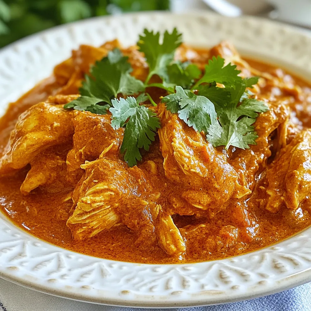 To make a tasty Crockpot Butter Chicken, gather these ingredients: - 1.5 lbs boneless, skinless chicken thighs - 1 medium onion, finely chopped - 3 cloves garlic, minced - 1 tablespoon ginger, minced - 1 can (14 oz) crushed tomatoes - 1 can (13.5 oz) coconut milk - 1/4 cup unsalted butter - 1 tablespoon garam masala - 1 teaspoon cumin - 1 teaspoon turmeric - 1 teaspoon paprika - 1/2 teaspoon cayenne pepper (adjust for spice preference) - Salt to taste - Fresh cilantro, for garnishing Each ingredient plays a key role in creating rich flavors. Chicken thighs stay juicy and tender. Onions, garlic, and ginger add depth. Crushed tomatoes and coconut milk give creaminess. Spices like garam masala, cumin, and turmeric bring warmth and color. Butter enriches the sauce, while salt boosts all the flavors. Fresh cilantro brightens the dish, making it visually appealing. {{ingredient_image_1}} First, grab a large bowl. In this bowl, combine the crushed tomatoes, coconut milk, and unsalted butter. Then, add the minced garlic, minced ginger, and all the spices: garam masala, cumin, turmeric, paprika, cayenne pepper, and salt. Mix them well. You want a smooth sauce, so stir until everything blends perfectly. This step creates the rich flavor base for the butter chicken. Next, take your crockpot. Layer the chicken thighs in the bottom, spreading them out evenly. Make sure they are not stacked. Then, pour the prepared sauce over the chicken. Ensure it covers the chicken completely. This helps the meat absorb all those yummy flavors. Now, it’s time to set your crockpot. You can choose low heat for 6 to 8 hours. If you’re in a hurry, set it to high for 3 to 4 hours. Either way, the chicken will become tender and juicy. It’s best to check that the chicken is cooked through before moving on. Once the cooking time is up, take two forks and shred the chicken right in the crockpot. Mix it well with the sauce. This step makes every bite flavorful. After mixing, taste the dish. Adjust the seasoning if needed, adding more salt or spices to match your taste. Serve your butter chicken over steamed rice or with warm naan bread. Don’t forget to garnish with fresh cilantro for a pop of color and flavor! Using fresh spices is key to great flavor. Fresh spices add depth to your dish. I recommend using whole spices whenever possible. You can grind them just before use. This helps release their oils and flavor. If you want to adjust spice levels, start small. Taste the dish as you go. You can always add more spice, but you can’t take it out! Sometimes the sauce can end up too watery. If this happens, you can thicken it easily. Mix a tablespoon of cornstarch with two tablespoons of water. Stir this mix into the sauce. Let it cook for another 30 minutes. For a creamier texture, add more coconut milk or a bit of heavy cream. This makes the dish richer and smoother. You can prepare some parts of this dish ahead of time. You can chop the onions and garlic the night before. You can also mix the sauce and store it in the fridge. Marinating the chicken in the sauce for a few hours adds great flavor. This makes the cooking time even better. Just remember to cook it the next day! Pro Tips Marinate for Extra Flavor: For a deeper flavor profile, marinate the chicken in the spices and a bit of yogurt for a few hours or overnight before cooking. Use Fresh Spices: Freshly ground spices can significantly enhance the flavor of your dish. Consider grinding whole spices just before adding them to the recipe. Adjusting Spice Levels: If you're sensitive to heat, start with less cayenne pepper and add more gradually to suit your taste. Leftover Storage: Store any leftovers in an airtight container in the refrigerator for up to 4 days, or freeze for up to 3 months for a quick meal later. {{image_2}} You can switch chicken thighs for other proteins. Tofu is a great choice for a plant-based meal. It absorbs the sauce well. Use firm tofu for the best texture. For beef lovers, try using cubed beef chuck. Cook it longer, about 8 hours on low. This will make the beef tender and flavorful. To make a vegetarian butter chicken, use chickpeas or paneer. These options provide protein and hold flavors well. Follow the same steps from the original recipe. Just swap the chicken for your chosen protein. The sauce will shine through just as bright. Want to add a twist? Toss in chopped spinach or bell peppers. They add color and nutrients. You can also play with spices. Consider adding cinnamon for warmth or cardamom for a floral note. Adjust the cayenne for more heat. Your dish will be unique every time! After making your butter chicken, let it cool. Place it in an airtight container. It stays fresh for about 3 to 4 days in the fridge. If you want to eat it later, proper cooling is key. This helps keep the flavors intact and safe to eat. To freeze leftovers, wait until the butter chicken is completely cool. Pour it into a freezer-safe container. Make sure to leave some space at the top for expansion. You can freeze it for up to 3 months. When you are ready to eat it, thaw it overnight in the fridge. For reheating, use low heat on the stove or microwave. To safely reheat butter chicken, heat it until it's hot all the way through. You can use the microwave or a pot on the stove. Stir it often to ensure even heating. If it looks too thick, add a bit of water or coconut milk to get the right texture. Enjoy your comforting meal! Butter chicken, or murgh makhani, comes from India. It started in Delhi in the 1950s. The dish mixes chicken with a rich, creamy sauce. This sauce has tomatoes, butter, and spices. Butter chicken is now famous around the world. It brings comfort and warmth to many meals. Yes, you can use frozen chicken thighs in this recipe. Just make sure to check the cooking time. If your chicken is frozen, cook it on high for about 5-6 hours. If it's thawed, a low setting for 6-8 hours works best. Always ensure the chicken reaches 165°F for safety. Butter chicken pairs well with several sides. Here are some tasty options: - Steamed rice - Naan bread - Roti - Cucumber salad - Yogurt raita These sides complement the rich flavors of butter chicken perfectly. Yes, you can adjust the spice level to your taste. Add more cayenne pepper for heat. You could also try adding fresh green chilies. If you prefer mild flavors, reduce or omit the cayenne. Always taste the sauce before serving to find your perfect spice level. This butter chicken recipe is easy and packed with flavor. You learned about key ingredients, simple steps, and helpful tips. You can also try protein swaps or make it vegetarian. Proper storage and reheating ensure delicious meals anytime. Enjoy experimenting with flavors and customizing this dish to your taste. Whether for a cozy dinner or a special occasion, this recipe has you covered. Dive in and savor every bite with confidence!