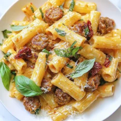To make Sun Dried Tomato Sausage Rigatoni, you need: - 300g rigatoni pasta - 200g Italian sausage, casings removed - 100g sun-dried tomatoes, chopped - 1 medium onion, finely diced - 2 cloves garlic, minced - 200ml chicken or vegetable broth - 100ml heavy cream - 1 teaspoon dried Italian herbs (oregano, basil) - 50g grated Parmesan cheese, plus extra for serving - 2 tablespoons olive oil - Salt and pepper to taste - Fresh basil leaves for garnish If you can't find certain ingredients, don't worry! You can make easy swaps: - Use penne or fusilli instead of rigatoni for different pasta shapes. - Swap Italian sausage with turkey or chicken sausage for a lighter dish. - Use sun-dried tomatoes packed in oil for a richer taste. - Replace heavy cream with half-and-half or a plant-based cream for a lighter sauce. - Fresh herbs like thyme or parsley can replace dried Italian herbs. Fresh ingredients make a big difference in taste. They add bright flavors and aromas to your dish. For example, fresh basil gives a lovely scent and a pop of color. Fresh sausage has better texture and flavor than older options. Using fresh garlic and onion enhances the sauce's depth. Always choose the best quality ingredients you can find. This will help you create a meal that you and your loved ones will enjoy. {{ingredient_image_1}} To start, bring a large pot of salted water to a boil. Add the rigatoni pasta. Cook it according to the package instructions until it is al dente. This usually takes about 10-12 minutes. When it's ready, drain the pasta and set it aside. Make sure to save a cup of pasta water for later. This water helps adjust the sauce's thickness. Next, grab a large skillet and heat two tablespoons of olive oil over medium heat. Add the Italian sausage, making sure to break it apart with a wooden spoon. Cook the sausage for about 5 to 7 minutes. You want it browned and fully cooked. The aroma will fill your kitchen, making it hard to wait! Once the sausage is cooked, add one finely diced onion to the skillet. Stir and cook for about 3 to 4 minutes until the onion is soft. Then, add two minced garlic cloves and cook for another minute. This step adds a great depth of flavor. Next, toss in 100 grams of chopped sun-dried tomatoes. Stir everything together and let it cook for about 2 minutes. Now, pour in 200 milliliters of chicken or vegetable broth. Bring it to a gentle simmer and let it reduce for about 5 minutes. This will concentrate the flavors. After that, stir in 100 milliliters of heavy cream and a teaspoon of dried Italian herbs. Let the sauce simmer for another 3 to 4 minutes until it thickens. Finally, add the drained rigatoni to the skillet and toss it all together. If the sauce feels too thick, add a little reserved pasta water to reach your desired consistency. Before serving, mix in 50 grams of grated Parmesan cheese. Season with salt and pepper to taste. Your Sun Dried Tomato Sausage Rigatoni is now ready to enjoy! Always use a big pot with a lot of water. This helps the pasta cook evenly. Add salt to the water. It should taste like the sea. Stir the rigatoni often while cooking. This keeps it from sticking together. Cook until it's al dente, or firm to the bite. Drain it well, but keep a cup of the water. You might need this later. Start with medium heat and add olive oil to your skillet. Sauté the sausage until it’s browned. Then, add onion and garlic to build flavor. When you pour in the broth, let it simmer. This helps the sauce thicken. Adding heavy cream makes the sauce rich. Stir it well and let it bubble gently. Don’t rush this step; patience leads to creaminess. Use sun-dried tomatoes for a sweet and tangy kick. Fresh basil leaves add brightness when you serve. Don’t forget to season with salt and pepper. A pinch of red pepper flakes can add heat, too. For an extra flavor boost, use fresh herbs instead of dried. Finally, always finish with freshly grated Parmesan. It brings everything together beautifully. Pro Tips Perfect Pasta Cooking: Always cook your rigatoni in salted water to enhance flavor. Aim for al dente texture to ensure the pasta holds up in the sauce. Enhance the Flavor: Use high-quality Italian sausage for richer flavor. You can also add a pinch of red pepper flakes for a touch of heat! Thickening the Sauce: If your sauce is too thin, simmer it longer to reduce. Alternatively, add a bit of grated cheese to help thicken it. Garnishing Wisely: For a fresh touch, always garnish with fresh basil right before serving. It adds color and a burst of aroma! {{image_2}} You can swap out the Italian sausage for plant-based sausage. Many brands offer tasty options. Look for ones made from soy or pea protein. They provide a similar flavor and texture. This change makes the dish friendly for vegetarians. You can still enjoy all the rich flavors of sun-dried tomatoes and cream. Use the same cooking steps. Cook the plant-based sausage just like the meat version. It will create a satisfying meal for everyone. Rigatoni works great, but you can try other pasta types. Penne, fusilli, or even farfalle add fun shapes. Each pasta holds the sauce differently. Choose a pasta that you love or have on hand. Just remember to cook it until al dente. This ensures your pasta stays firm and tasty. Adding veggies is a simple way to boost nutrition. Spinach, zucchini, or bell peppers are great choices. You can toss them in while cooking the sausage. This will give them time to soften. If you prefer a more vibrant dish, add cherry tomatoes. They’ll provide extra flavor and color. Feel free to mix in any vegetables you like. They will enhance the meal and keep it fresh. To keep your Sun-Dried Tomato Sausage Rigatoni fresh, place it in an airtight container. Make sure to let it cool down to room temperature first. This step helps prevent moisture build-up that can lead to soggy pasta. Store the container in the fridge, where it will last for about 3-4 days. Always label it with the date you made it, so you know when to eat it. When you’re ready to enjoy your leftovers, reheating them carefully is key. You can use the microwave or stovetop. If using a microwave, place your pasta in a bowl, add a splash of water, and cover it. Heat in short bursts and stir often to avoid hot spots. If using the stovetop, add a bit of broth or cream to a skillet over low heat. Stir until heated through, keeping it creamy and flavorful. If you want to save your rigatoni for longer, freezing is a great option. First, let the pasta cool completely. Then, portion it into freezer-safe bags or containers. Remove as much air as possible to prevent freezer burn. Label each bag with the date. Your rigatoni can stay good in the freezer for up to three months. When you’re ready to eat it, thaw it in the fridge overnight before reheating it. To change the serving size, you can easily scale the ingredients. If you need more servings, simply multiply each ingredient by the number of servings you want. For fewer servings, divide the amounts by the same number. For example, if you want to serve six, multiply each amount by 1.5. Keep in mind that cooking times may vary slightly, so watch your pasta and sauce closely. Yes, you can use other cheeses based on your taste. Mozzarella adds a nice stretch, while goat cheese brings a tangy flavor. Feta can add a salty kick, and ricotta makes it creamy. Just remember to adjust the amount to keep the dish balanced. Grated cheese melts well, so feel free to mix and match! This dish pairs well with a fresh salad. A simple mixed greens salad with a light vinaigrette works great. Garlic bread is also a wonderful side, adding a crunchy texture. For a heartier option, serve it with roasted vegetables or a side of steamed broccoli. You can even top it with extra basil for a fresh touch. This blog post covered how to make a delicious Sun Dried Tomato Sausage Rigatoni. We explored key ingredients and how fresh items make a big difference. I shared step-by-step cooking tips for making the best pasta and sauce. You can also find fun variations and smart storage tips. Always try to adjust the recipe to fit your taste. Use this guide to enjoy great meals with ease. Cooking can be fun and rewarding. Now, get in the kitchen and make this tasty dish!