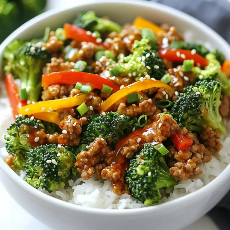 - 1 lb ground turkey - 2 cups broccoli florets - 1 red bell pepper, sliced - 1 medium onion, diced - 2 cloves garlic, minced - 1 tablespoon grated ginger - 2 tablespoons soy sauce or tamari - 1 tablespoon honey or maple syrup - 1 tablespoon sriracha - 1 tablespoon sesame oil - Salt and pepper to taste - Cooked rice or quinoa - Chopped green onions - Sesame seeds {{ingredient_image_1}} - In a small bowl, whisk together: - 2 tablespoons soy sauce (or tamari) - 1 tablespoon honey (or maple syrup) - 1 tablespoon sriracha - Mix until well combined. Set the sauce aside for later use. - Heat 1 tablespoon of olive oil in a large skillet over medium heat. - Add 1 pound of ground turkey. Break it apart with a spatula. - Cook until browned, about 5 to 7 minutes. Season with salt and pepper. - Add 1 diced onion, 2 minced garlic cloves, and 1 tablespoon grated ginger to the skillet. - Sauté until the onion is clear, about 3 minutes. - Stir in 2 cups of broccoli florets and 1 sliced red bell pepper. - Cook for another 5 minutes, stirring often. Keep the veggies bright and tender. - Pour the prepared sauce over the turkey and veggies. Stir well to coat everything. - Let it simmer for 2 to 3 minutes. This helps meld the flavors together. - Serve the mixture over bowls of cooked rice or quinoa. - Top with chopped green onions and a sprinkle of sesame seeds for added crunch. Using a skillet for this recipe works great. A large skillet gives you space to stir. A wok can also work if you have one. It heats up faster and cooks evenly. Cook the ground turkey until it's brown, about 5-7 minutes. The turkey should reach 165°F for safety. When adding veggies, stir for about 5 minutes. You want them tender but still bright. If you want, you can swap ground turkey for chicken or tofu. Both options offer great taste. Chicken is lean, and tofu is plant-based. Feel free to mix in other vegetables too. Try bell peppers, snap peas, or carrots. They will add color and flavor to your bowl. To change the heat, modify the sriracha. Add less for a milder dish or more for a kick. You can also add chili flakes for extra heat. For heat lovers, consider fresh jalapeños or chili paste. They will amp up the spice level and enhance flavor. Enjoy finding your perfect heat! Pro Tips Adjust the Spice Level: Feel free to modify the amount of sriracha according to your heat preference. Start with less if you're unsure, and add more to taste. Use Fresh Ingredients: For the best flavor, use fresh garlic, ginger, and vegetables. They will enhance the overall taste of the dish. Meal Prep Option: This dish is excellent for meal prep! Make a larger batch and store it in airtight containers in the fridge for up to 4 days. Experiment with Veggies: Don’t hesitate to swap in other vegetables like snap peas, carrots, or bell peppers to suit your taste or what you have on hand. {{image_2}} You can switch things up for variety. Try serving your Sweet and Spicy Ground Turkey Broccoli Bowls with cauliflower rice. This makes a great low-carb option. Cauliflower rice has a nice texture and soaks up flavors well. You can also add other colorful veggies. Carrots, snap peas, or bell peppers work great. This adds more crunch and color to your bowl. You can change the flavor easily. Try adding different sauces like teriyaki for a sweet twist. This adds a rich flavor to your dish. Another great idea is to add nuts for crunch. Chopped peanuts or cashews give a nice texture and flavor boost. Just sprinkle them on top before serving. Making this dish ahead of time can save you stress during busy weeks. You can cook a large batch and keep it in the fridge. This way, you have quick meals ready to go. Just reheat and enjoy. You can also freeze the mixture for later dinners. Make sure to store it in airtight containers. When you're ready to eat, just thaw and reheat. - How Long it Lasts in the Fridge Store the Sweet and Spicy Ground Turkey Broccoli Bowls in the fridge. They keep well for about 3 to 4 days. Make sure to cool them to room temp before storing. - Best Containers for Storage Use airtight containers for the best results. Glass containers work great since they are easy to clean and do not stain. - Steps for Proper Freezing First, let the dish cool completely. Then, portion it into freezer-safe bags or containers. Remove as much air as possible before sealing. Label the bags with the date. - Reheating Tips for Freshness When you want to eat, thaw the bowls in the fridge overnight. For best taste, reheat in a skillet over medium heat. Add a splash of water to keep it moist. - Stove vs. Microwave I recommend using the stove for reheating. It warms the food evenly and keeps the texture nice. The microwave is quicker, but it can make the veggies a bit soggy. - Ensuring Even Heating When using the microwave, stir the bowl halfway through. This helps distribute the heat and ensures your meal warms up evenly. Yes, you can use frozen broccoli in this recipe. Frozen broccoli is quick and easy. It cooks faster than fresh, saving you time. However, frozen broccoli can be softer. It may lose some crunch compared to fresh. If you use frozen, adjust cooking time. These bowls are great on their own, but you can add sides. Here are some ideas: - Steamed edamame - Crispy spring rolls - A fresh green salad - Roasted sweet potatoes - A side of kimchi These sides can add more flavor and texture to your meal. Yes, this recipe can be gluten-free. Just use tamari instead of soy sauce. Tamari is a gluten-free soy sauce alternative. Double-check your other ingredients too. Some brands of sriracha contain gluten. Always read labels to ensure safety. Enjoy your bowls worry-free! This recipe highlights the mix of ground turkey, fresh veggies, and flavorful sauces. You learned how to cook and store a healthy meal, making it perfect for any weeknight. Remember, you can swap ingredients easily to fit your taste. Experiment with different sauces and veggies for fun variations. Meal prep helps you enjoy this dish anytime. With these tips, you can create a delicious bowl that satisfies and nourishes. Enjoy your cooking journey!