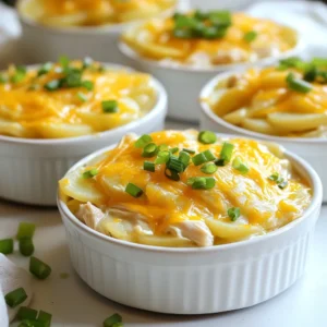 - 2 cups cooked chicken, shredded - 4 medium potatoes, peeled and thinly sliced - 1 cup ranch dressing - 1 cup shredded cheddar cheese - 1 cup cream of chicken soup The main ingredients give the casserole its rich and creamy flavor. I love using shredded chicken for a tender bite. Thinly sliced potatoes soak up all the great tastes. Ranch dressing adds a zesty kick. Cream of chicken soup ties everything together, making it creamy and comforting. - 1 tsp garlic powder - 1 tsp onion powder - 1/2 tsp paprika - Salt and pepper to taste - 1/2 cup green onions, chopped (for garnish) Seasonings are key to depth of flavor. Garlic powder brings warmth, while onion powder adds a savory note. Paprika gives a hint of smokiness. Salt and pepper balance all the tastes. Don’t forget the green onions! They add a fresh crunch and bright color when you serve the dish. - 1 cup chicken broth - Mixing bowls - Baking dish You need the right tools to make this dish shine. Chicken broth adds moisture and flavor. Mixing bowls help combine the ranch dressing mix smoothly. A baking dish holds all the layers and ensures even baking. With these essentials, you’ll create a warm and hearty meal that your family will love. {{ingredient_image_1}} First, you need to preheat the oven to 375°F (190°C). This step warms the oven for even cooking. Next, grab a large mixing bowl. Here, mix the ranch dressing, cream of chicken soup, chicken broth, garlic powder, onion powder, paprika, salt, and pepper. Stir well until it is smooth and creamy. Now, get a greased 9x13 inch baking dish. Start layering the dish with half of the thinly sliced potatoes. Spread them evenly at the bottom. After that, add half of the shredded chicken over the potatoes. Make sure it covers them well. Pour half of the ranch mixture over the chicken and potatoes. Spread it out evenly to coat everything. Repeat this process. Layer the rest of the potatoes, chicken, and ranch mixture. Finally, sprinkle the shredded cheddar cheese generously on top. This will melt beautifully in the oven. Cover the baking dish with aluminum foil. This helps keep the moisture in during the first bake. Place it in the preheated oven and bake for 45 minutes. After 45 minutes, remove the foil. Bake for an additional 15-20 minutes. This step allows the cheese to bubble and turn golden brown. Once baking is complete, take the casserole out of the oven. Let it rest for about 10 minutes. This resting period helps the layers settle. For a great presentation, serve the casserole in individual bowls. Add a sprinkle of chopped green onions on top for a pop of color. Pair it with a simple side salad for a full meal experience. To avoid soggy potatoes, slice them thin. Thin slices cook faster and keep their shape. You can soak them in cold water for 30 minutes before baking. This helps remove excess starch. Ensure even cooking by layering the potatoes, chicken, and ranch mix evenly. Press down gently on each layer to remove air pockets. This helps heat circulate better. You can add temporary ingredients to boost flavor. Try adding cooked bacon or mushrooms for a savory twist. Fresh herbs like thyme or parsley can also add a nice touch. For cheese, sharp cheddar gives a rich taste. You can also mix in mozzarella for extra creaminess. Experiment with different cheese blends to find your favorite. When cooking for a crowd, you might need to adjust serving sizes. Double the recipe for larger gatherings. Use a bigger baking dish or two smaller ones. Meal prep works great here. You can assemble the casserole a day ahead and store it in the fridge. Just cover it well. Bake it fresh when you are ready to serve. Pro Tips Tip 1 - Use Leftover Chicken: This recipe is a fantastic way to use up any leftover cooked chicken, making it a quick and economical meal option. Tip 2 - Customize Your Cheese: Feel free to substitute or mix different types of cheese, such as Monterey Jack or pepper jack, for a unique flavor twist. Tip 3 - Make It Creamier: For an extra creamy texture, add an additional half cup of cream of chicken soup or a splash of heavy cream to the ranch mixture. Tip 4 - Add Veggies: Incorporate vegetables such as broccoli or spinach between the layers for added nutrition and color. {{image_2}} You can change the meat in this dish. Use turkey or ham instead of chicken. These options add new flavors and keep things fun. You can also add vegetables like broccoli or spinach. They boost nutrition and color. Just slice them thinly, so they cook well. If you need gluten-free options, use gluten-free ranch dressing and soup. They work just as well! For low-calorie alternatives, consider using low-fat cheese or yogurt instead of sour cream. You can also use fewer potatoes or swap them for cauliflower. These choices keep the dish tasty and lighter. Want to spice things up? Try adding hot sauce to your ranch dressing mix. It gives a nice kick! You can also mix different cheeses, like mozzarella or pepper jack, for fun flavors. Each cheese brings its own unique taste, making your casserole special and exciting. To keep your Ranch Chicken Potato Casserole fresh, use airtight containers. Glass or plastic containers work well. Store the casserole in the fridge for up to three days. Make sure to let it cool before sealing. This helps avoid moisture buildup. You can freeze this casserole for later enjoyment. If you freeze it before baking, wrap it tightly in foil or plastic wrap. Label it with the date. For best taste, use it within three months. If you freeze it after baking, cool it down first. Then, wrap it well to prevent freezer burn. When you’re ready to eat, thaw it in the fridge overnight. Reheat it in the oven at 350°F (175°C) until warm. This should take about 30 minutes. You can also microwave it, but the oven gives a better texture. Let's look at the shelf life of the key ingredients: - Cooked Chicken: Up to four days in the fridge. In the freezer, it lasts about four months. - Potatoes: Store raw potatoes in a cool, dark place. They last about two weeks. - Ranch Dressing: Sealed bottles last about a year. Once opened, use within a month or two. - Cheddar Cheese: Unopened, it lasts about six months. Once opened, use within a week. - Cream of Chicken Soup: Unopened cans last for years. Once opened, use within three days. Knowing these times helps you enjoy your casserole to the fullest! Yes, you can use fresh chicken. If you choose this route, chop the chicken into small pieces. Cook the chicken in a skillet over medium heat until it is no longer pink, around 10-12 minutes. Then, shred the chicken and mix it with the ranch sauce. This method ensures your casserole stays juicy and flavorful. To add heat, you can mix in diced jalapeños or crushed red pepper flakes. Start with a small amount and taste as you go. Another option is to use a spicy ranch dressing. You can also sprinkle pepper jack cheese on top for a creamy and spicy kick. These tips will give your casserole a nice zing. This casserole pairs well with a fresh green salad. A simple side salad with lettuce, tomatoes, and cucumbers adds crunch. You can also serve it with steamed broccoli or green beans for a healthy touch. For a heartier side, consider garlic bread or rolls to soak up the tasty sauce. This Ranch Chicken Potato Casserole is simple and tasty. We covered key ingredients, cooking steps, and helpful tips. You can swap ingredients for personal flavor and adjust for guests. Storing leftovers is easy, too. With this guide, you can whip up a crowd-pleaser. Enjoy cooking and experimenting with this dish. It’s perfect for family dinners or gatherings. Each bite will bring smiles. Get ready to share your delicious creation!