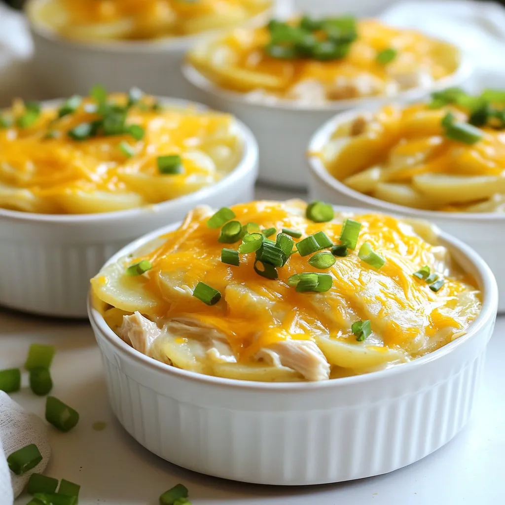 - 2 cups cooked chicken, shredded - 4 medium potatoes, peeled and thinly sliced - 1 cup ranch dressing - 1 cup shredded cheddar cheese - 1 cup cream of chicken soup The main ingredients give the casserole its rich and creamy flavor. I love using shredded chicken for a tender bite. Thinly sliced potatoes soak up all the great tastes. Ranch dressing adds a zesty kick. Cream of chicken soup ties everything together, making it creamy and comforting. - 1 tsp garlic powder - 1 tsp onion powder - 1/2 tsp paprika - Salt and pepper to taste - 1/2 cup green onions, chopped (for garnish) Seasonings are key to depth of flavor. Garlic powder brings warmth, while onion powder adds a savory note. Paprika gives a hint of smokiness. Salt and pepper balance all the tastes. Don’t forget the green onions! They add a fresh crunch and bright color when you serve the dish. - 1 cup chicken broth - Mixing bowls - Baking dish You need the right tools to make this dish shine. Chicken broth adds moisture and flavor. Mixing bowls help combine the ranch dressing mix smoothly. A baking dish holds all the layers and ensures even baking. With these essentials, you’ll create a warm and hearty meal that your family will love. {{ingredient_image_1}} First, you need to preheat the oven to 375°F (190°C). This step warms the oven for even cooking. Next, grab a large mixing bowl. Here, mix the ranch dressing, cream of chicken soup, chicken broth, garlic powder, onion powder, paprika, salt, and pepper. Stir well until it is smooth and creamy. Now, get a greased 9x13 inch baking dish. Start layering the dish with half of the thinly sliced potatoes. Spread them evenly at the bottom. After that, add half of the shredded chicken over the potatoes. Make sure it covers them well. Pour half of the ranch mixture over the chicken and potatoes. Spread it out evenly to coat everything. Repeat this process. Layer the rest of the potatoes, chicken, and ranch mixture. Finally, sprinkle the shredded cheddar cheese generously on top. This will melt beautifully in the oven. Cover the baking dish with aluminum foil. This helps keep the moisture in during the first bake. Place it in the preheated oven and bake for 45 minutes. After 45 minutes, remove the foil. Bake for an additional 15-20 minutes. This step allows the cheese to bubble and turn golden brown. Once baking is complete, take the casserole out of the oven. Let it rest for about 10 minutes. This resting period helps the layers settle. For a great presentation, serve the casserole in individual bowls. Add a sprinkle of chopped green onions on top for a pop of color. Pair it with a simple side salad for a full meal experience. To avoid soggy potatoes, slice them thin. Thin slices cook faster and keep their shape. You can soak them in cold water for 30 minutes before baking. This helps remove excess starch. Ensure even cooking by layering the potatoes, chicken, and ranch mix evenly. Press down gently on each layer to remove air pockets. This helps heat circulate better. You can add temporary ingredients to boost flavor. Try adding cooked bacon or mushrooms for a savory twist. Fresh herbs like thyme or parsley can also add a nice touch. For cheese, sharp cheddar gives a rich taste. You can also mix in mozzarella for extra creaminess. Experiment with different cheese blends to find your favorite. When cooking for a crowd, you might need to adjust serving sizes. Double the recipe for larger gatherings. Use a bigger baking dish or two smaller ones. Meal prep works great here. You can assemble the casserole a day ahead and store it in the fridge. Just cover it well. Bake it fresh when you are ready to serve. Pro Tips Tip 1 - Use Leftover Chicken: This recipe is a fantastic way to use up any leftover cooked chicken, making it a quick and economical meal option. Tip 2 - Customize Your Cheese: Feel free to substitute or mix different types of cheese, such as Monterey Jack or pepper jack, for a unique flavor twist. Tip 3 - Make It Creamier: For an extra creamy texture, add an additional half cup of cream of chicken soup or a splash of heavy cream to the ranch mixture. Tip 4 - Add Veggies: Incorporate vegetables such as broccoli or spinach between the layers for added nutrition and color. {{image_2}} You can change the meat in this dish. Use turkey or ham instead of chicken. These options add new flavors and keep things fun. You can also add vegetables like broccoli or spinach. They boost nutrition and color. Just slice them thinly, so they cook well. If you need gluten-free options, use gluten-free ranch dressing and soup. They work just as well! For low-calorie alternatives, consider using low-fat cheese or yogurt instead of sour cream. You can also use fewer potatoes or swap them for cauliflower. These choices keep the dish tasty and lighter. Want to spice things up? Try adding hot sauce to your ranch dressing mix. It gives a nice kick! You can also mix different cheeses, like mozzarella or pepper jack, for fun flavors. Each cheese brings its own unique taste, making your casserole special and exciting. To keep your Ranch Chicken Potato Casserole fresh, use airtight containers. Glass or plastic containers work well. Store the casserole in the fridge for up to three days. Make sure to let it cool before sealing. This helps avoid moisture buildup. You can freeze this casserole for later enjoyment. If you freeze it before baking, wrap it tightly in foil or plastic wrap. Label it with the date. For best taste, use it within three months. If you freeze it after baking, cool it down first. Then, wrap it well to prevent freezer burn. When you’re ready to eat, thaw it in the fridge overnight. Reheat it in the oven at 350°F (175°C) until warm. This should take about 30 minutes. You can also microwave it, but the oven gives a better texture. Let's look at the shelf life of the key ingredients: - Cooked Chicken: Up to four days in the fridge. In the freezer, it lasts about four months. - Potatoes: Store raw potatoes in a cool, dark place. They last about two weeks. - Ranch Dressing: Sealed bottles last about a year. Once opened, use within a month or two. - Cheddar Cheese: Unopened, it lasts about six months. Once opened, use within a week. - Cream of Chicken Soup: Unopened cans last for years. Once opened, use within three days. Knowing these times helps you enjoy your casserole to the fullest! Yes, you can use fresh chicken. If you choose this route, chop the chicken into small pieces. Cook the chicken in a skillet over medium heat until it is no longer pink, around 10-12 minutes. Then, shred the chicken and mix it with the ranch sauce. This method ensures your casserole stays juicy and flavorful. To add heat, you can mix in diced jalapeños or crushed red pepper flakes. Start with a small amount and taste as you go. Another option is to use a spicy ranch dressing. You can also sprinkle pepper jack cheese on top for a creamy and spicy kick. These tips will give your casserole a nice zing. This casserole pairs well with a fresh green salad. A simple side salad with lettuce, tomatoes, and cucumbers adds crunch. You can also serve it with steamed broccoli or green beans for a healthy touch. For a heartier side, consider garlic bread or rolls to soak up the tasty sauce. This Ranch Chicken Potato Casserole is simple and tasty. We covered key ingredients, cooking steps, and helpful tips. You can swap ingredients for personal flavor and adjust for guests. Storing leftovers is easy, too. With this guide, you can whip up a crowd-pleaser. Enjoy cooking and experimenting with this dish. It’s perfect for family dinners or gatherings. Each bite will bring smiles. Get ready to share your delicious creation!