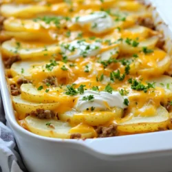 To make Hamburger Potato Casserole, gather these items: - 1 lb ground beef - 4 medium potatoes, thinly sliced - 1 medium onion, chopped - 2 cloves garlic, minced - 2 cups shredded cheddar cheese - 1 cup sour cream - 1 cup beef broth - 1 teaspoon paprika - Salt and pepper to taste - 2 tablespoons olive oil - Fresh parsley for garnish (optional) You can swap some ingredients based on what you have. Ground turkey or chicken works well instead of beef. For a creamy twist, use Greek yogurt in place of sour cream. If you don't have cheddar cheese, try mozzarella or Monterey Jack for a different taste. To prepare this dish, you will need: - A large skillet for cooking the beef and onions - A 9x13 inch baking dish for layering - A sharp knife for slicing potatoes and chopping onions - A cutting board for safe food prep - Aluminum foil to cover the dish while baking These simple tools will help you create a tasty casserole with ease. Enjoy your cooking! {{ingredient_image_1}} Start by slicing the potatoes into thin rounds. Use a sharp knife for even cuts. Thin slices cook better and soak up flavor. Next, chop the onion into small pieces. This helps it mix well with the beef later. Set both the sliced potatoes and chopped onion aside. Heat olive oil in a large skillet over medium heat. Add the chopped onions to the pan. Cook them until they are soft and clear, about 3 minutes. Then, add minced garlic and stir for 30 seconds. This brings out the garlic flavor. Now, add the ground beef. Use a spoon to break it apart. Season with paprika, salt, and pepper. Cook until the beef is brown and no longer pink, about 5-7 minutes. Drain any fat from the skillet before using it. Grease a 9x13 inch baking dish with oil. Start with half of the sliced potatoes at the bottom. Spread half of the cooked beef mixture over the potatoes. Next, add half of the sour cream and half of the cheddar cheese. Repeat this layering with the remaining potatoes, beef, sour cream, and cheese. Finally, pour beef broth evenly over the whole dish. This liquid helps keep the casserole moist. Cover it with foil and bake at 375°F for 45 minutes. Remove the foil and bake for 15 more minutes until the cheese is bubbly and golden. Let it cool for 10 minutes before serving. Enjoy! For the best potatoes, use medium-sized ones. Slice them thin, about 1/8 inch thick. This helps them cook evenly. Layer them in the dish without over-crowding. If you want more flavor, soak them in cold water for 30 minutes. This removes excess starch. It helps them get a lovely texture when baked. To make your casserole super cheesy, use a mix of cheeses. Cheddar is great, but add mozzarella for extra stretch. Grate your cheese fresh instead of using pre-shredded. Fresh cheese melts better and tastes creamier. You can also add cheese in layers, not just on top. This gives every bite a cheesy surprise! To cut down on prep time, use a food processor for slicing. It saves you lots of time and effort. You can also prepare the beef mixture ahead of time. Store it in the fridge overnight. When you're ready to bake, just layer the ingredients and pop it in the oven. This makes for an easy weeknight dinner! Pro Tips Pre-cook your potatoes: To ensure your potatoes are perfectly tender, consider parboiling them for a few minutes before layering them in the casserole. This will help them cook evenly and absorb more flavor. Cheese variations: Feel free to mix different types of cheese for added flavor. A combination of cheddar and mozzarella can give a delightful texture and taste. Make it ahead: This casserole can be assembled a day in advance. Just cover it tightly and store it in the fridge. When ready to bake, add a few extra minutes to the cooking time. Garnish for freshness: Fresh herbs like chives or thyme can elevate the dish's presentation and add a pop of freshness. Sprinkle them on just before serving. {{image_2}} You can easily make a vegetarian version of this dish. Instead of ground beef, use lentils or mushrooms. Both add a hearty texture. For cheese lovers, swap the cheddar for a plant-based cheese. Also, add some chopped bell peppers for extra flavor. This version keeps all the comfort while being meat-free. For those who enjoy heat, try adding jalapeños. Chop up one or two fresh jalapeños and mix them into the beef layer. You can also sprinkle some crushed red pepper flakes for an extra kick. This spicy twist adds a fun zing to the dish. Just be sure to adjust the heat level to your taste. If you want a lighter meal, consider using ground turkey instead of beef. It has less fat and works well in this recipe. You can also use low-fat cheese to cut calories. Another tip is to add more vegetables like spinach or zucchini. These changes keep the dish healthy without losing flavor. Store leftover Hamburger Potato Casserole in an airtight container. Make sure it cools first. Keeping it sealed helps prevent moisture loss and keeps it fresh. The casserole stays good in the fridge for about three to four days. To reheat, preheat your oven to 350°F (175°C). Place the casserole in a baking dish. Cover it with foil to keep it moist. Heat for about 20 to 25 minutes. If you want it extra crispy, uncover it for the last 10 minutes. You can freeze Hamburger Potato Casserole for later use. First, let it cool completely. Then, wrap it tightly in plastic wrap and foil. This way, it stays fresh for up to three months. When ready to eat, thaw it in the fridge overnight before reheating. Yes, you can prepare this casserole ahead. Make it up to the point before baking. Cover it tightly and store it in the fridge for up to 24 hours. When ready to cook, bake it straight from the fridge. You may need to add a few extra minutes to the bake time. This casserole pairs well with many sides. I love serving it with a fresh green salad. You could also add some crusty bread or steamed vegetables. If you want a bit of crunch, consider serving it with pickles or coleslaw. To change the serving size, you can easily adjust the ingredients. If you want more servings, double the amounts. For fewer servings, cut the amounts in half. Just remember to keep the same layers and baking times. You might need to change the pan size to fit the new amounts. In this post, we covered the key ingredients for Hamburger Potato Casserole. You learned about ingredient swaps and the tools needed. I walked you through step-by-step instructions, from preparing the ingredients to layering the dish. You also found handy tips for cooking and variations, including vegetarian options. Lastly, I shared best practices for storage and answered common questions. Making this dish can be easy and fun. Enjoy creating your own version!