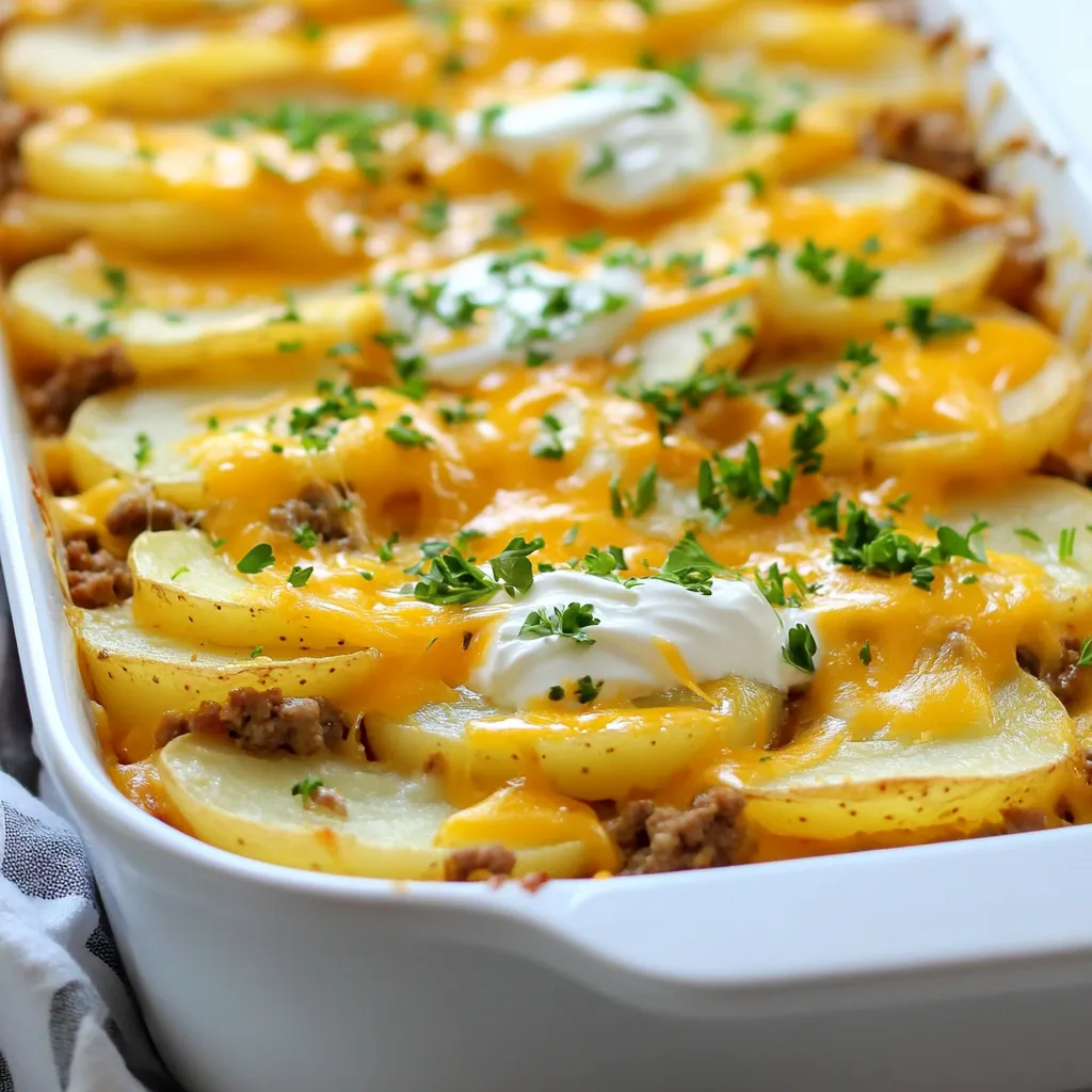 To make Hamburger Potato Casserole, gather these items: - 1 lb ground beef - 4 medium potatoes, thinly sliced - 1 medium onion, chopped - 2 cloves garlic, minced - 2 cups shredded cheddar cheese - 1 cup sour cream - 1 cup beef broth - 1 teaspoon paprika - Salt and pepper to taste - 2 tablespoons olive oil - Fresh parsley for garnish (optional) You can swap some ingredients based on what you have. Ground turkey or chicken works well instead of beef. For a creamy twist, use Greek yogurt in place of sour cream. If you don't have cheddar cheese, try mozzarella or Monterey Jack for a different taste. To prepare this dish, you will need: - A large skillet for cooking the beef and onions - A 9x13 inch baking dish for layering - A sharp knife for slicing potatoes and chopping onions - A cutting board for safe food prep - Aluminum foil to cover the dish while baking These simple tools will help you create a tasty casserole with ease. Enjoy your cooking! {{ingredient_image_1}} Start by slicing the potatoes into thin rounds. Use a sharp knife for even cuts. Thin slices cook better and soak up flavor. Next, chop the onion into small pieces. This helps it mix well with the beef later. Set both the sliced potatoes and chopped onion aside. Heat olive oil in a large skillet over medium heat. Add the chopped onions to the pan. Cook them until they are soft and clear, about 3 minutes. Then, add minced garlic and stir for 30 seconds. This brings out the garlic flavor. Now, add the ground beef. Use a spoon to break it apart. Season with paprika, salt, and pepper. Cook until the beef is brown and no longer pink, about 5-7 minutes. Drain any fat from the skillet before using it. Grease a 9x13 inch baking dish with oil. Start with half of the sliced potatoes at the bottom. Spread half of the cooked beef mixture over the potatoes. Next, add half of the sour cream and half of the cheddar cheese. Repeat this layering with the remaining potatoes, beef, sour cream, and cheese. Finally, pour beef broth evenly over the whole dish. This liquid helps keep the casserole moist. Cover it with foil and bake at 375°F for 45 minutes. Remove the foil and bake for 15 more minutes until the cheese is bubbly and golden. Let it cool for 10 minutes before serving. Enjoy! For the best potatoes, use medium-sized ones. Slice them thin, about 1/8 inch thick. This helps them cook evenly. Layer them in the dish without over-crowding. If you want more flavor, soak them in cold water for 30 minutes. This removes excess starch. It helps them get a lovely texture when baked. To make your casserole super cheesy, use a mix of cheeses. Cheddar is great, but add mozzarella for extra stretch. Grate your cheese fresh instead of using pre-shredded. Fresh cheese melts better and tastes creamier. You can also add cheese in layers, not just on top. This gives every bite a cheesy surprise! To cut down on prep time, use a food processor for slicing. It saves you lots of time and effort. You can also prepare the beef mixture ahead of time. Store it in the fridge overnight. When you're ready to bake, just layer the ingredients and pop it in the oven. This makes for an easy weeknight dinner! Pro Tips Pre-cook your potatoes: To ensure your potatoes are perfectly tender, consider parboiling them for a few minutes before layering them in the casserole. This will help them cook evenly and absorb more flavor. Cheese variations: Feel free to mix different types of cheese for added flavor. A combination of cheddar and mozzarella can give a delightful texture and taste. Make it ahead: This casserole can be assembled a day in advance. Just cover it tightly and store it in the fridge. When ready to bake, add a few extra minutes to the cooking time. Garnish for freshness: Fresh herbs like chives or thyme can elevate the dish's presentation and add a pop of freshness. Sprinkle them on just before serving. {{image_2}} You can easily make a vegetarian version of this dish. Instead of ground beef, use lentils or mushrooms. Both add a hearty texture. For cheese lovers, swap the cheddar for a plant-based cheese. Also, add some chopped bell peppers for extra flavor. This version keeps all the comfort while being meat-free. For those who enjoy heat, try adding jalapeños. Chop up one or two fresh jalapeños and mix them into the beef layer. You can also sprinkle some crushed red pepper flakes for an extra kick. This spicy twist adds a fun zing to the dish. Just be sure to adjust the heat level to your taste. If you want a lighter meal, consider using ground turkey instead of beef. It has less fat and works well in this recipe. You can also use low-fat cheese to cut calories. Another tip is to add more vegetables like spinach or zucchini. These changes keep the dish healthy without losing flavor. Store leftover Hamburger Potato Casserole in an airtight container. Make sure it cools first. Keeping it sealed helps prevent moisture loss and keeps it fresh. The casserole stays good in the fridge for about three to four days. To reheat, preheat your oven to 350°F (175°C). Place the casserole in a baking dish. Cover it with foil to keep it moist. Heat for about 20 to 25 minutes. If you want it extra crispy, uncover it for the last 10 minutes. You can freeze Hamburger Potato Casserole for later use. First, let it cool completely. Then, wrap it tightly in plastic wrap and foil. This way, it stays fresh for up to three months. When ready to eat, thaw it in the fridge overnight before reheating. Yes, you can prepare this casserole ahead. Make it up to the point before baking. Cover it tightly and store it in the fridge for up to 24 hours. When ready to cook, bake it straight from the fridge. You may need to add a few extra minutes to the bake time. This casserole pairs well with many sides. I love serving it with a fresh green salad. You could also add some crusty bread or steamed vegetables. If you want a bit of crunch, consider serving it with pickles or coleslaw. To change the serving size, you can easily adjust the ingredients. If you want more servings, double the amounts. For fewer servings, cut the amounts in half. Just remember to keep the same layers and baking times. You might need to change the pan size to fit the new amounts. In this post, we covered the key ingredients for Hamburger Potato Casserole. You learned about ingredient swaps and the tools needed. I walked you through step-by-step instructions, from preparing the ingredients to layering the dish. You also found handy tips for cooking and variations, including vegetarian options. Lastly, I shared best practices for storage and answered common questions. Making this dish can be easy and fun. Enjoy creating your own version!